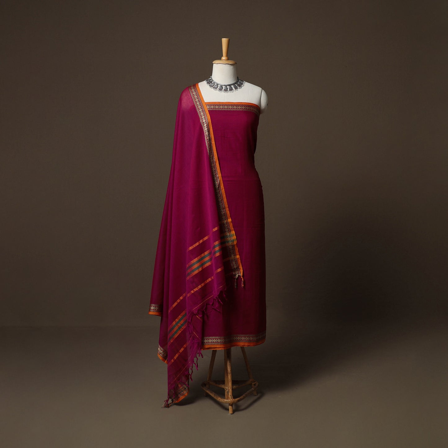Dharwad Mercerised Cotton 3pc Unstitched Dress Material Suit Set with Woven Border 47