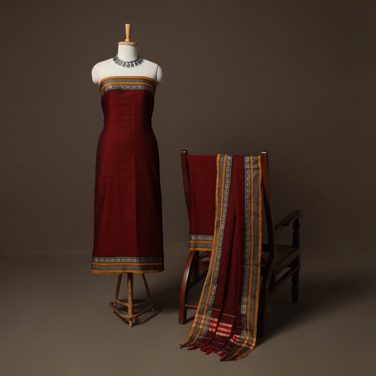 Dharwad Mercerised Cotton 3pc Unstitched Dress Material Suit Set with Woven Border 26
