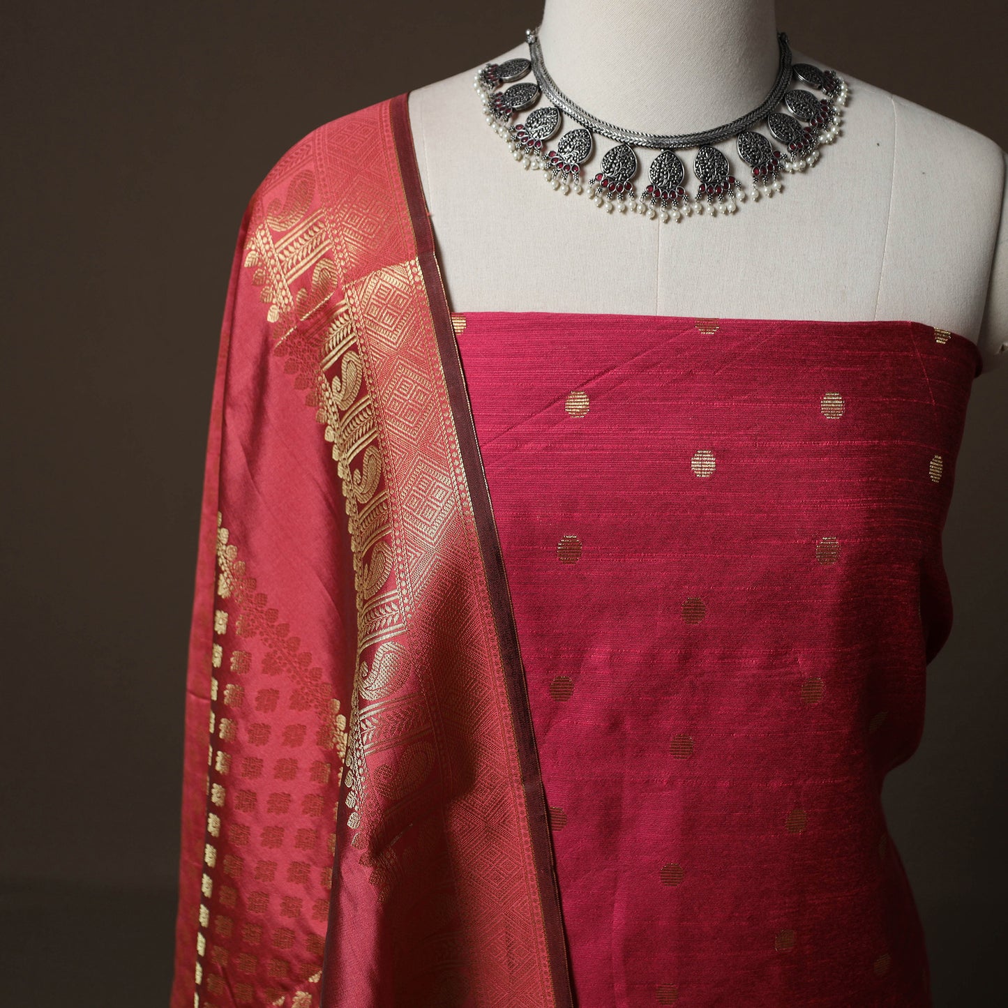 Spun Dupion Viscose Silk Buti 2pc Unstitched Dress Material Kurta Set with Earrings 63