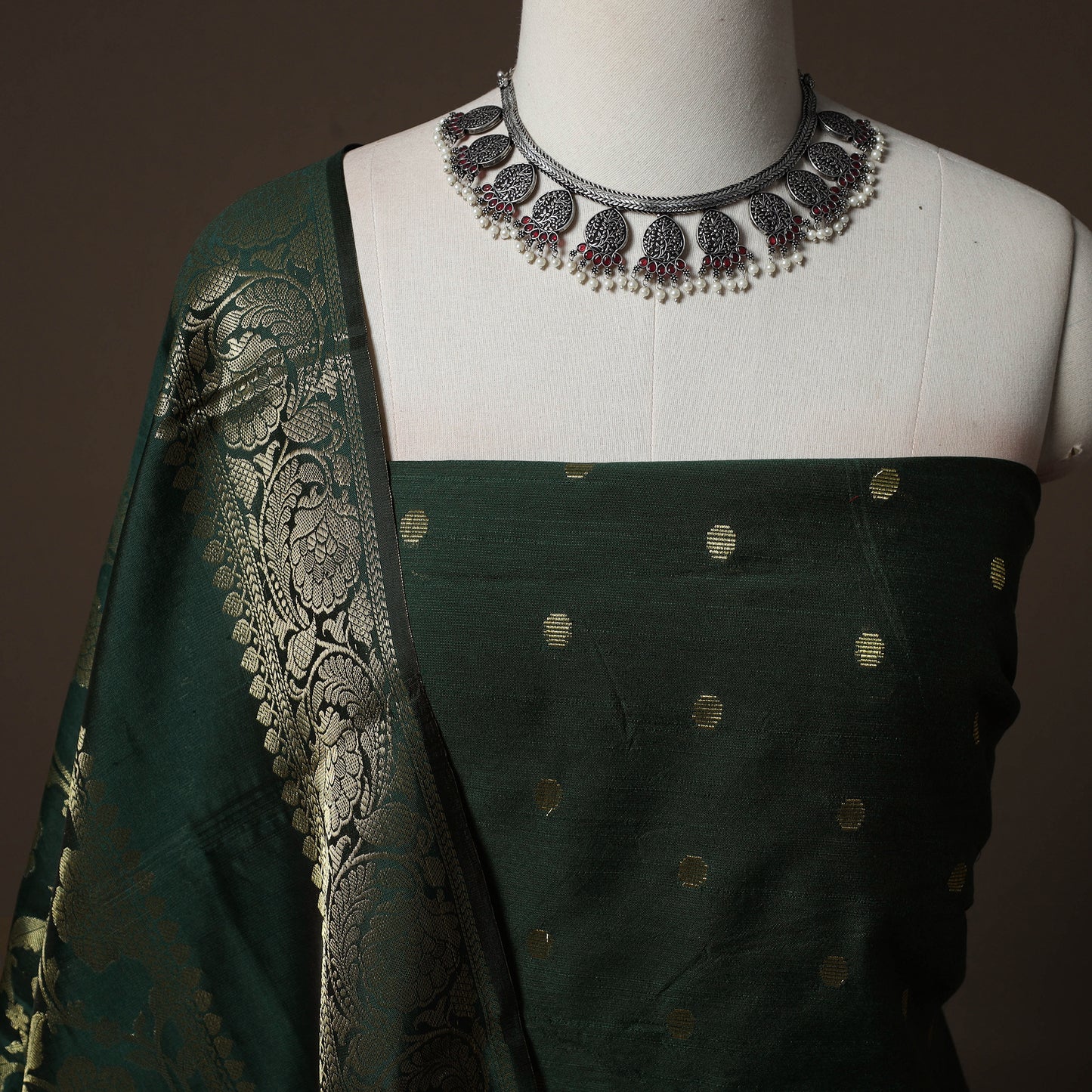 Spun Dupion Viscose Silk Buti 2pc Unstitched Dress Material Kurta Set with Earrings 62
