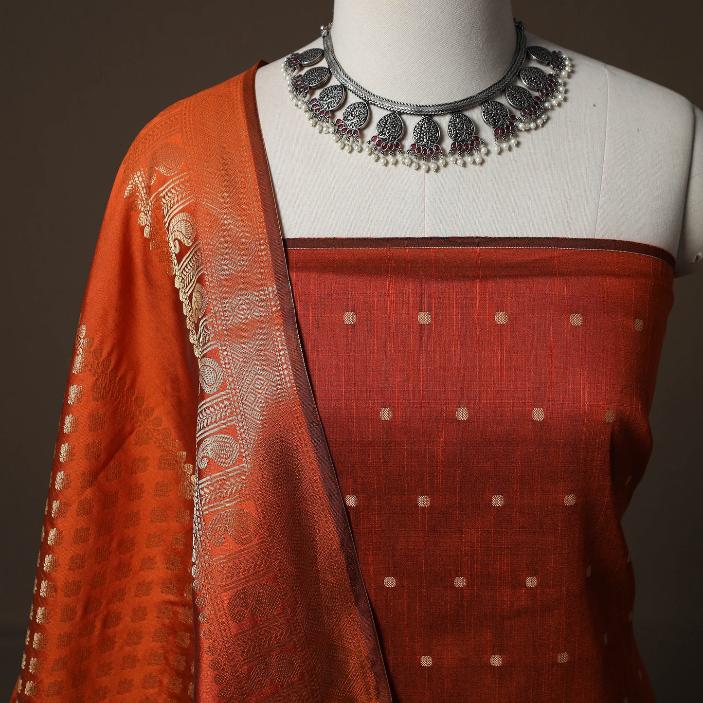 Spun Dupion Viscose Silk Buti 2pc Unstitched Dress Material Kurta Set with Earrings 60