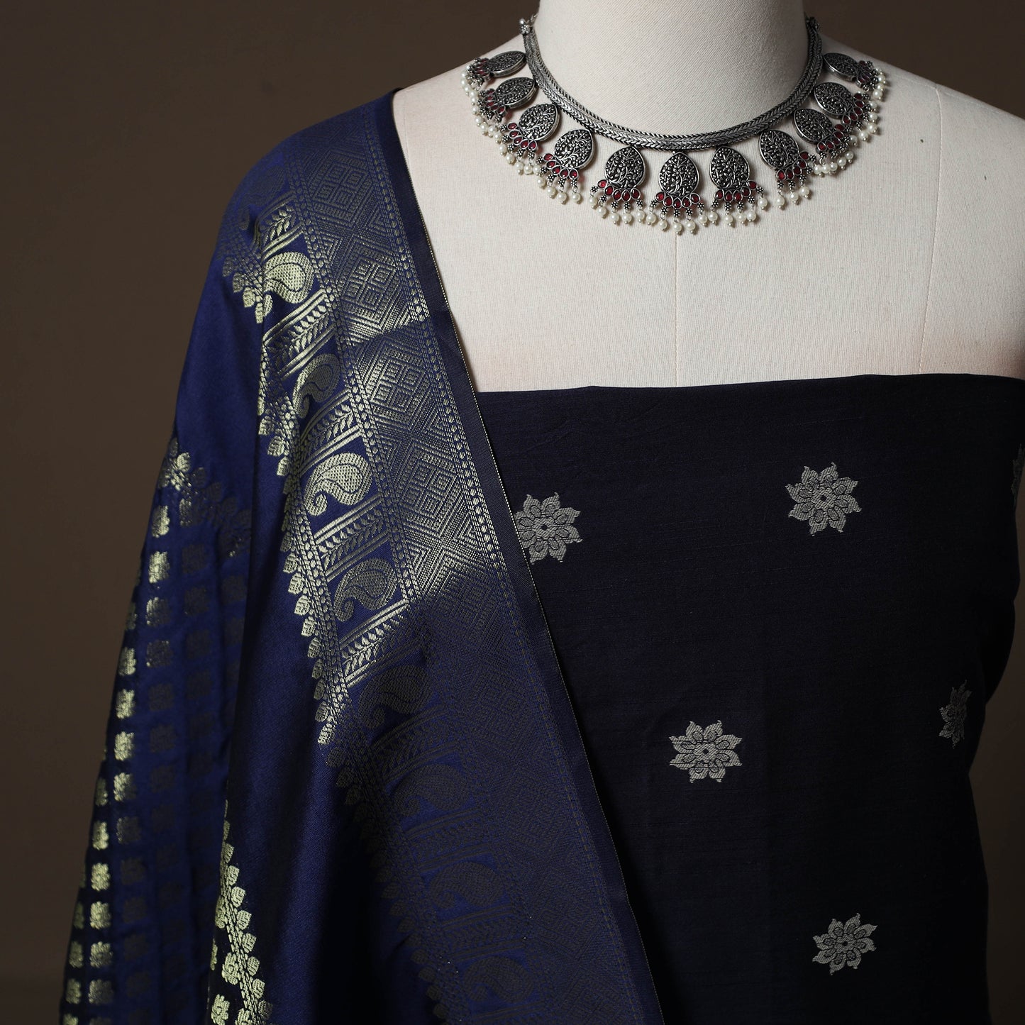 Spun Dupion Viscose Silk Buti 2pc Unstitched Dress Material Kurta Set with Earrings 59