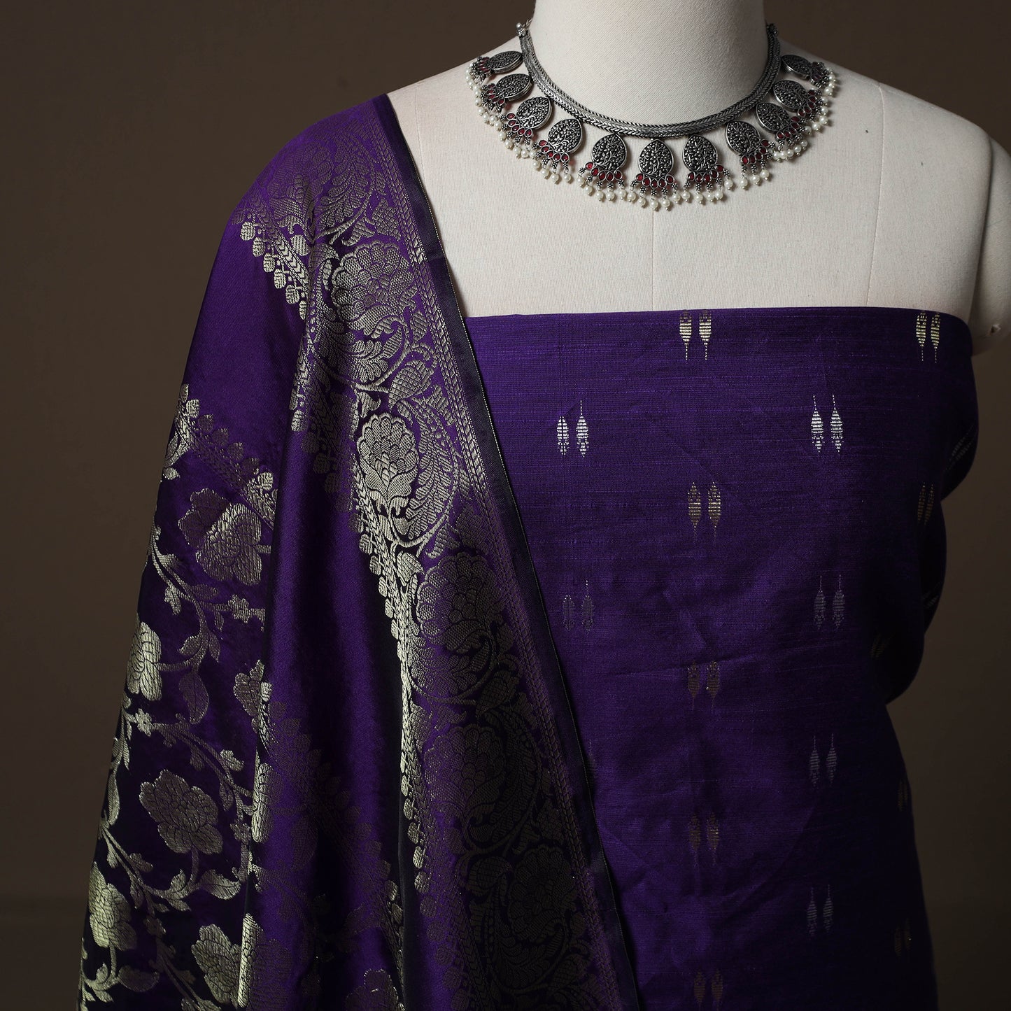 Spun Dupion Viscose Silk Buti 2pc Unstitched Dress Material Kurta Set with Earrings 56