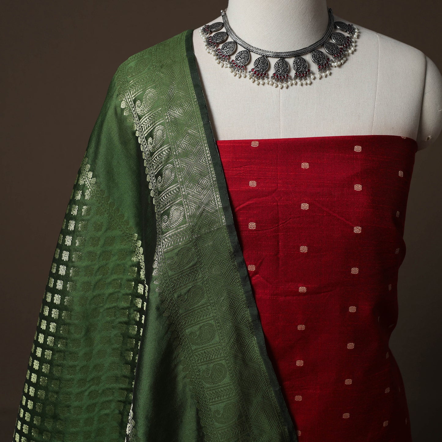 Spun Dupion Viscose Silk Buti 2pc Unstitched Dress Material Kurta Set with Earrings 54