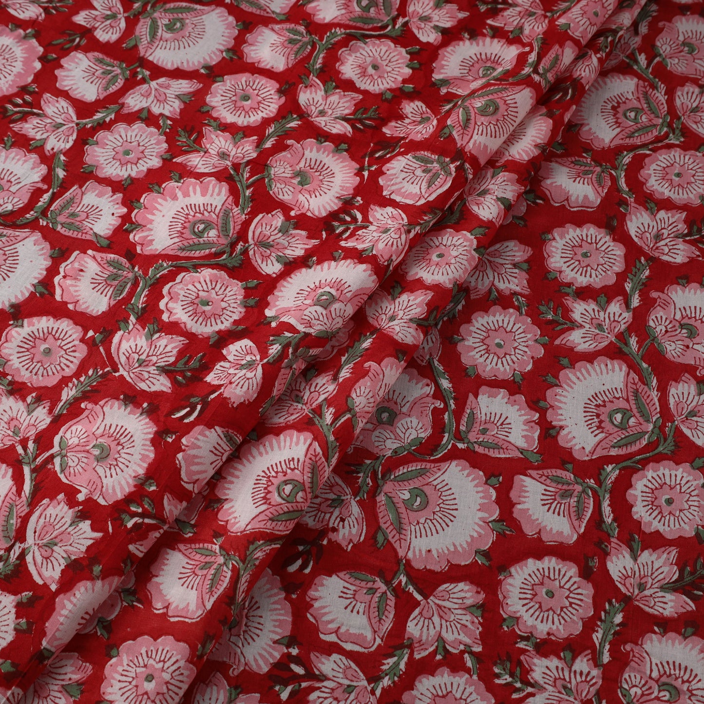 Red Block Print Cotton Sanganeri Fabric