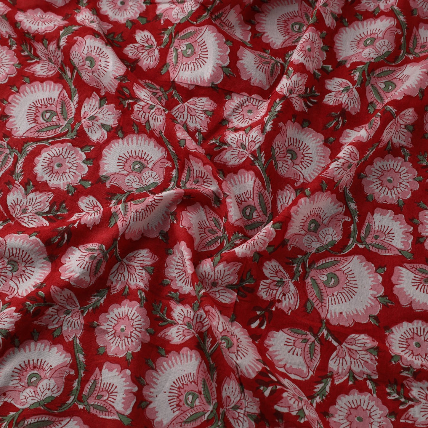 Red Block Print Cotton Sanganeri Fabric