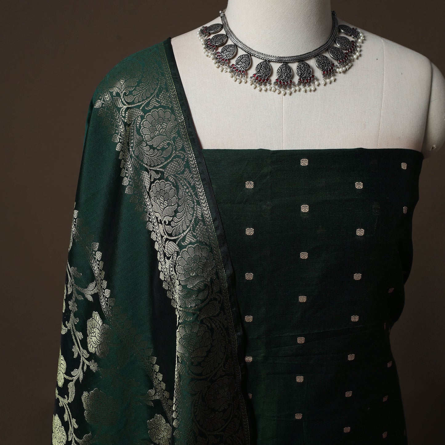 Spun Dupion Viscose Silk Buti 2pc Unstitched Dress Material Kurta Set with Earrings 52