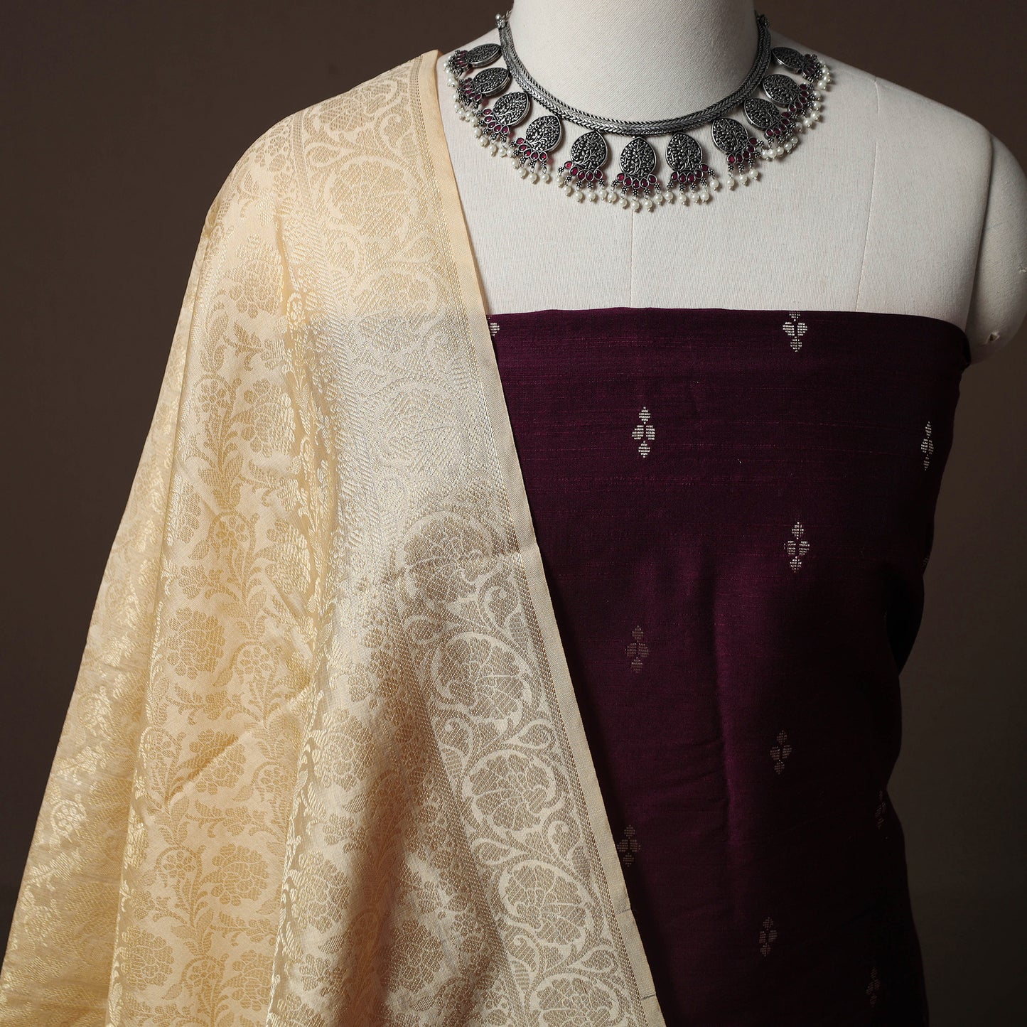 Spun Dupion Viscose Silk Buti 2pc Unstitched Dress Material Kurta Set with Earrings 51
