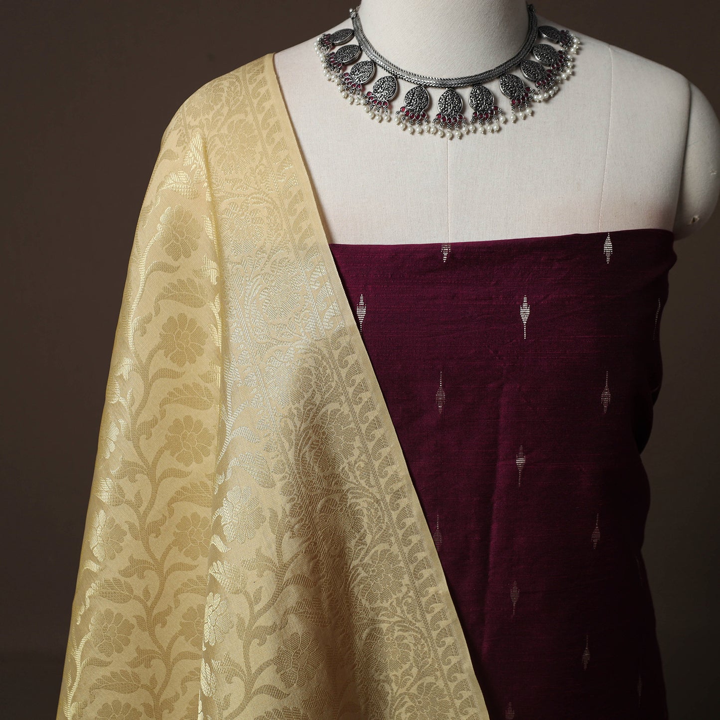 Spun Dupion Viscose Silk Buti 2pc Unstitched Dress Material Kurta Set with Earrings 50