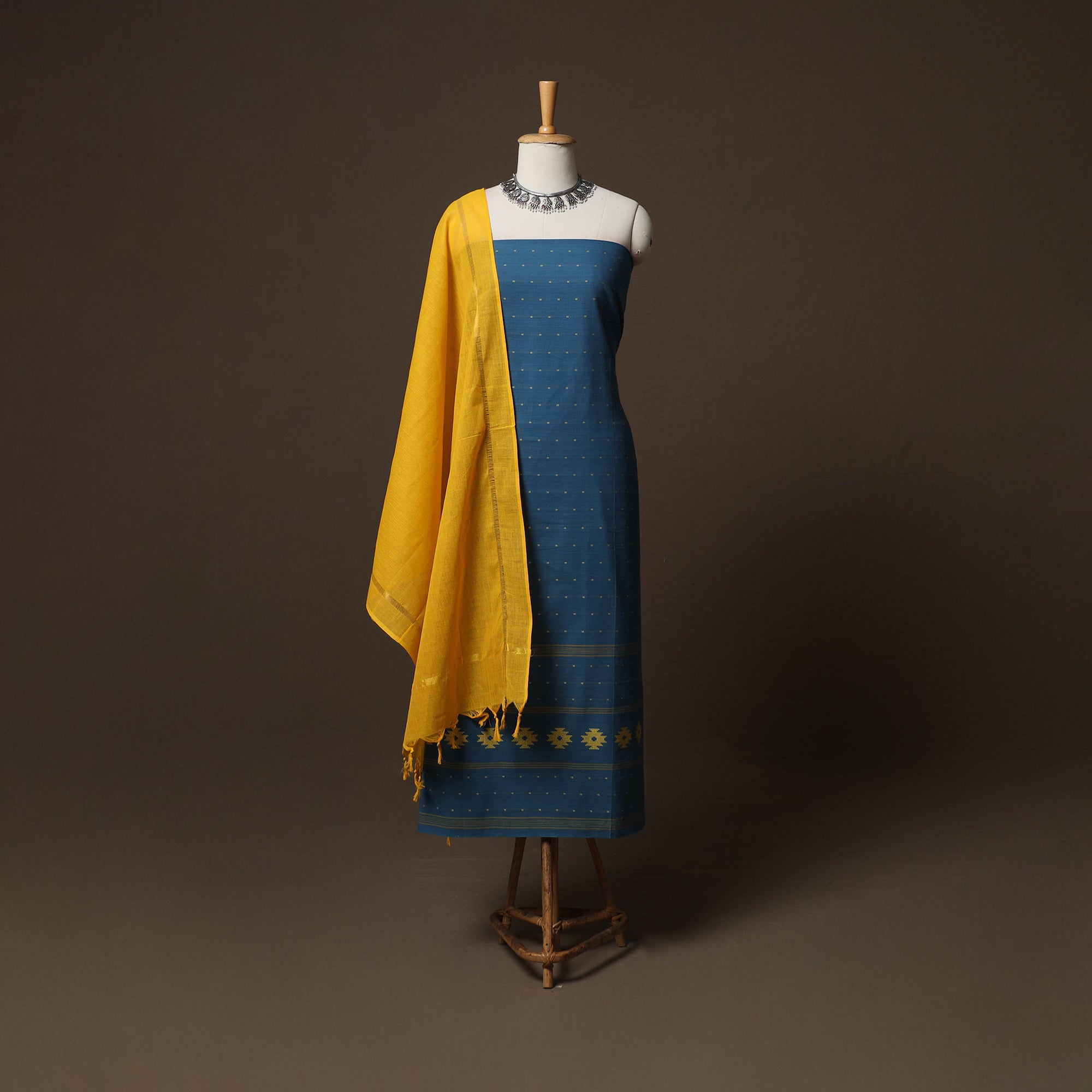 pure handloom cotton dress materials Blue Jacquard Woven Pure Cotton 3pc Unstitched Dress Material Suit Set