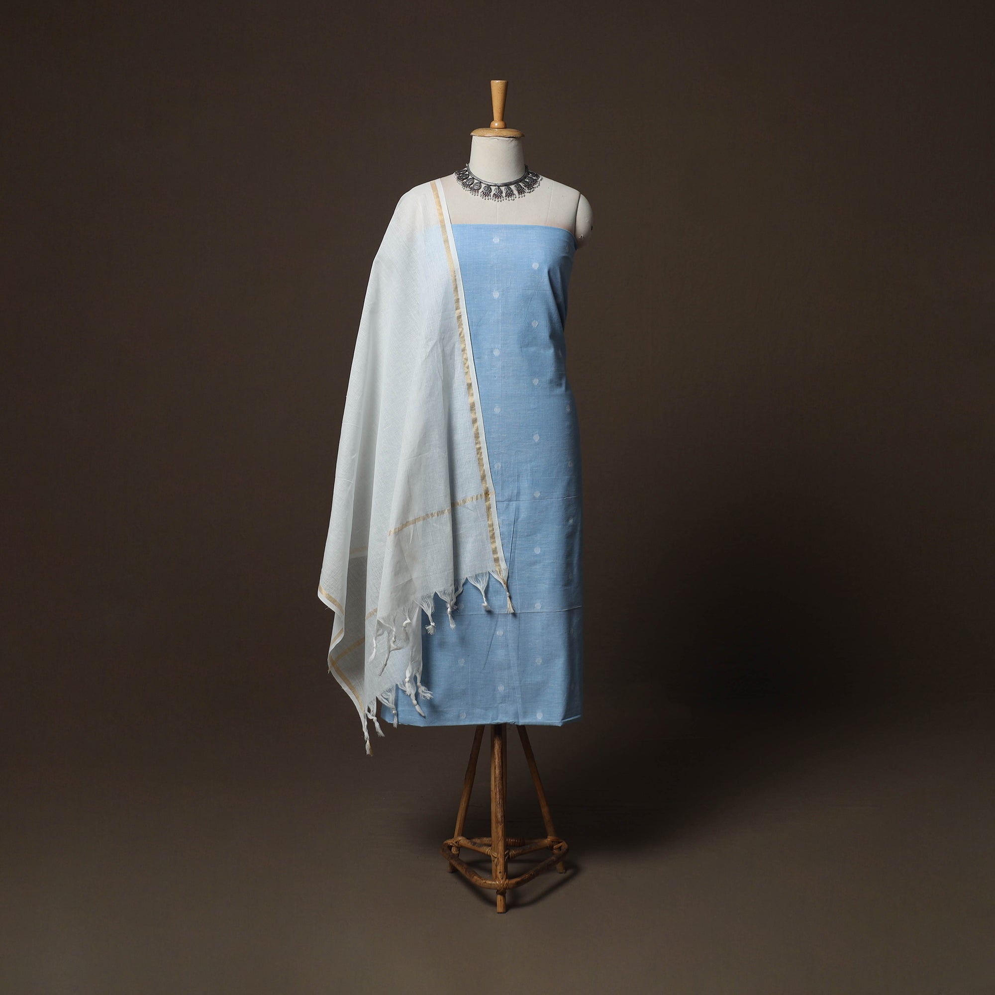 blue colour dress materials Blue Jacquard Woven Pure Cotton 3pc Unstitched Dress Material Suit Set