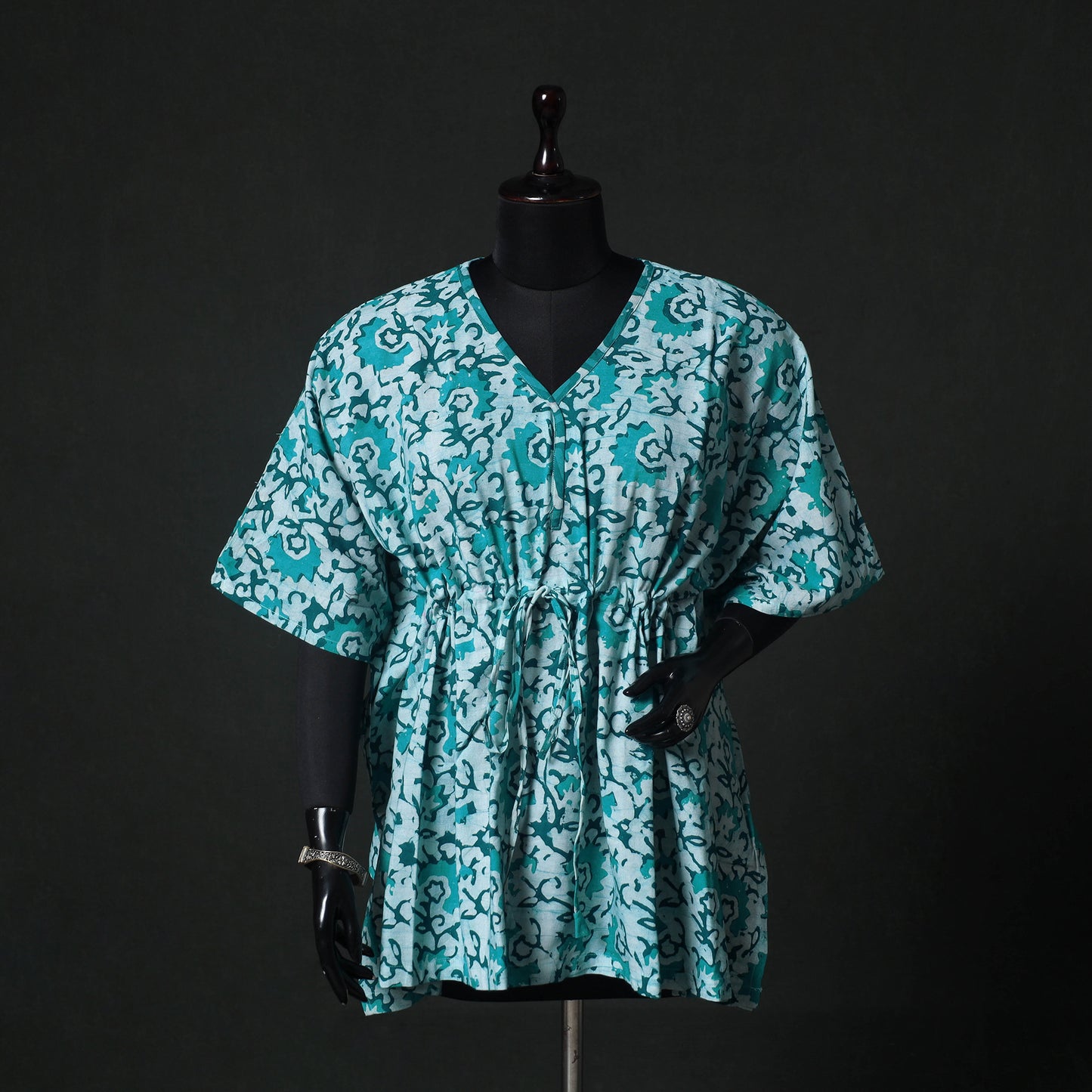Green - Hand Block Batik Print Cotton Kaftan (Short) 40