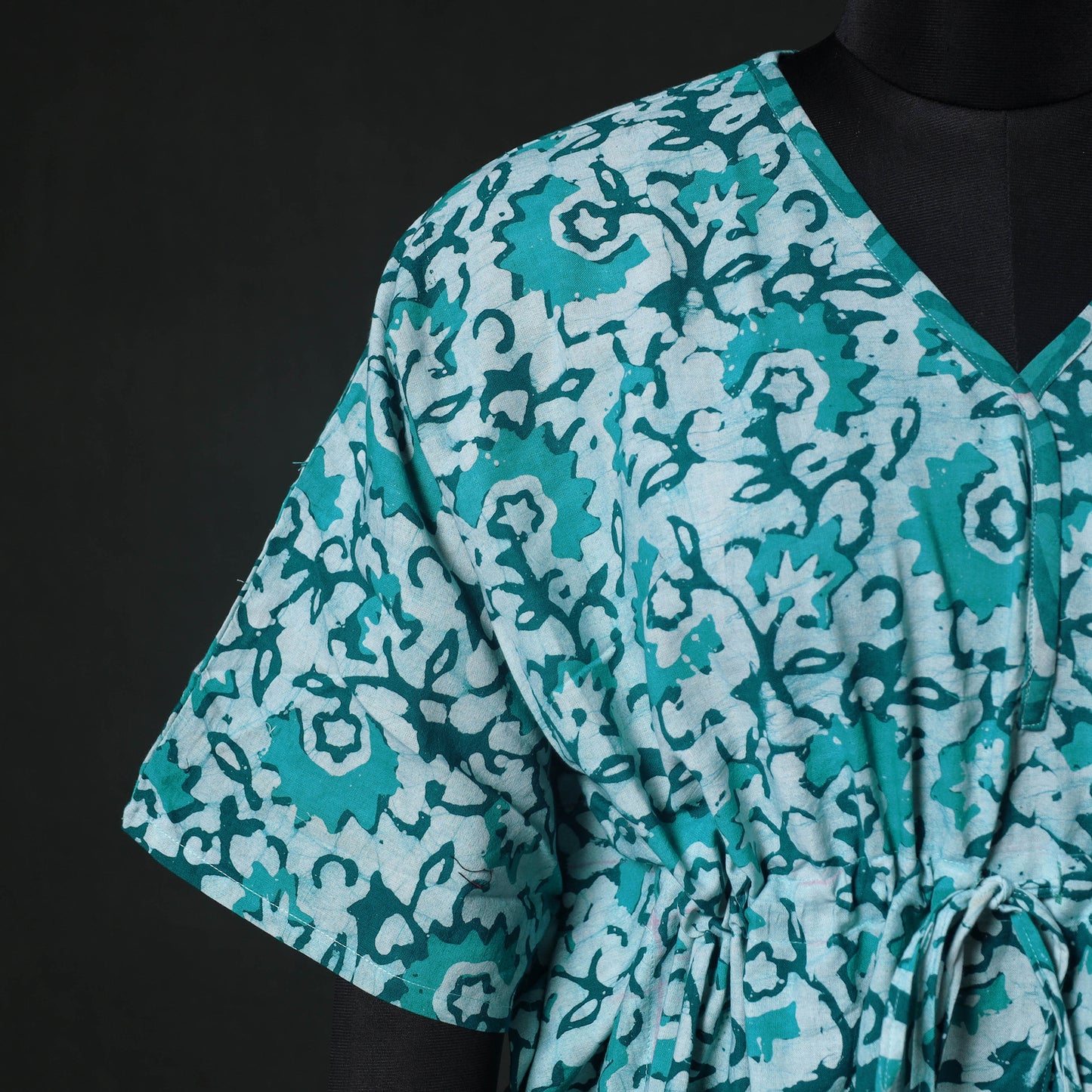 Green - Hand Block Batik Print Cotton Kaftan (Short) 40