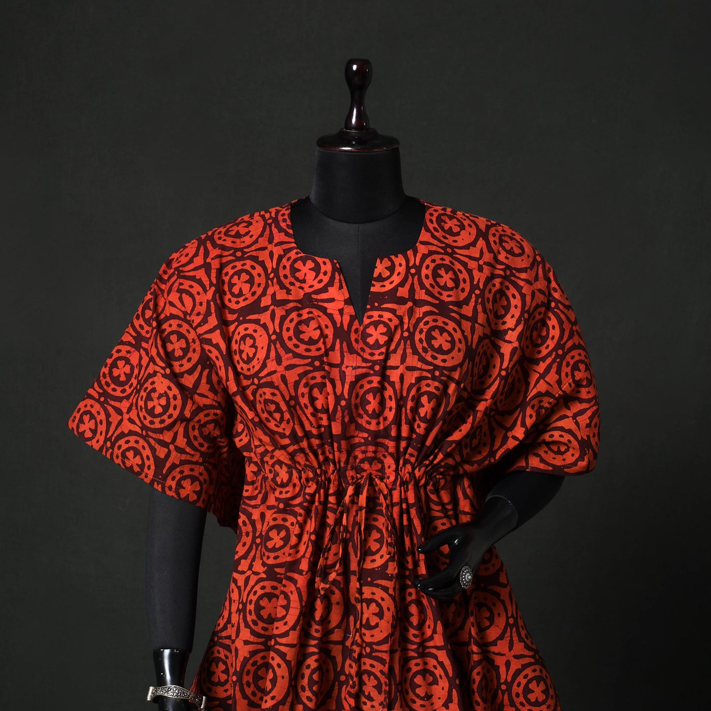 Red - Hand Block Batik Print Cotton Kaftan (Short) 46