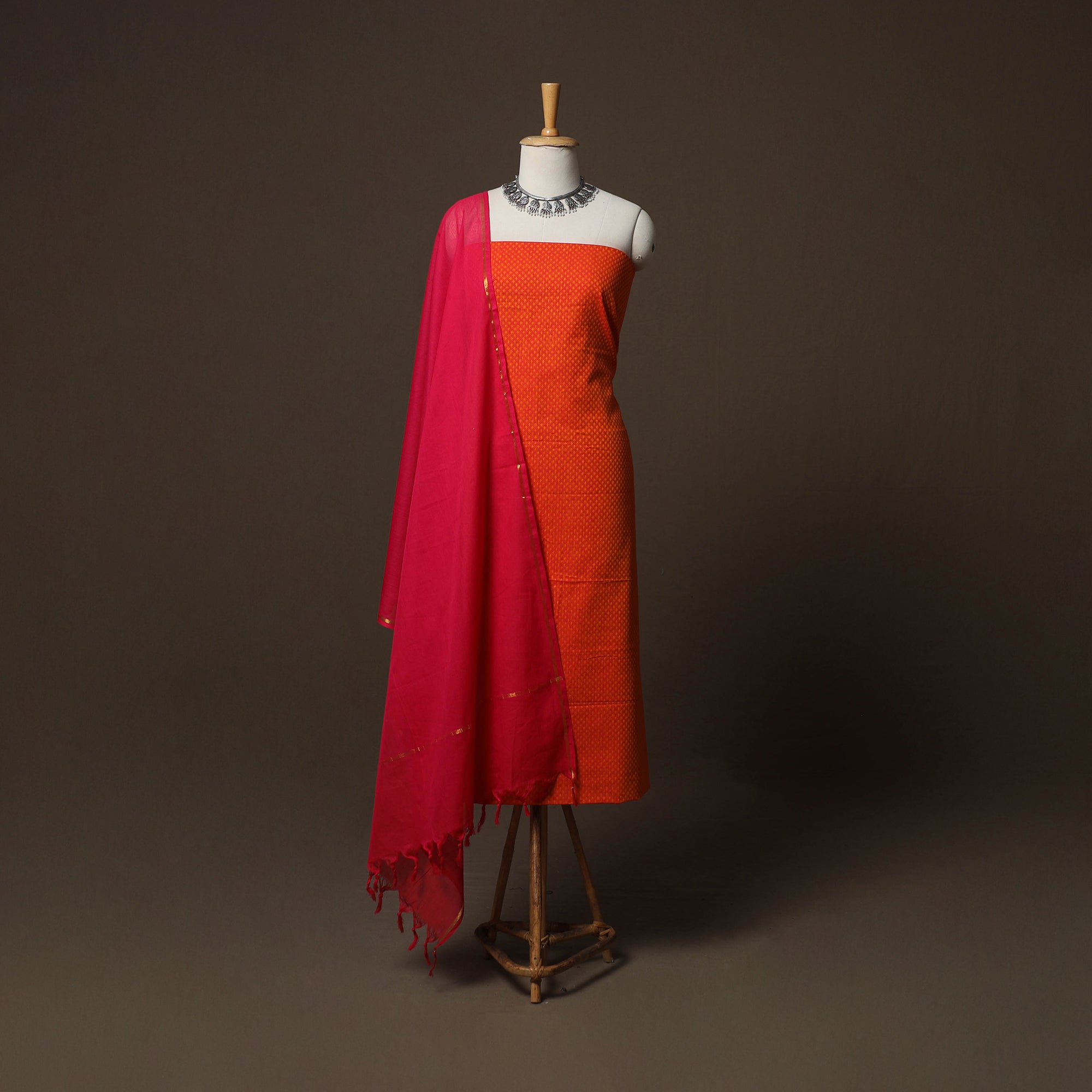 Orange Jacquard Woven Pure Cotton 3pc Unstitched Dress Material Suit Set