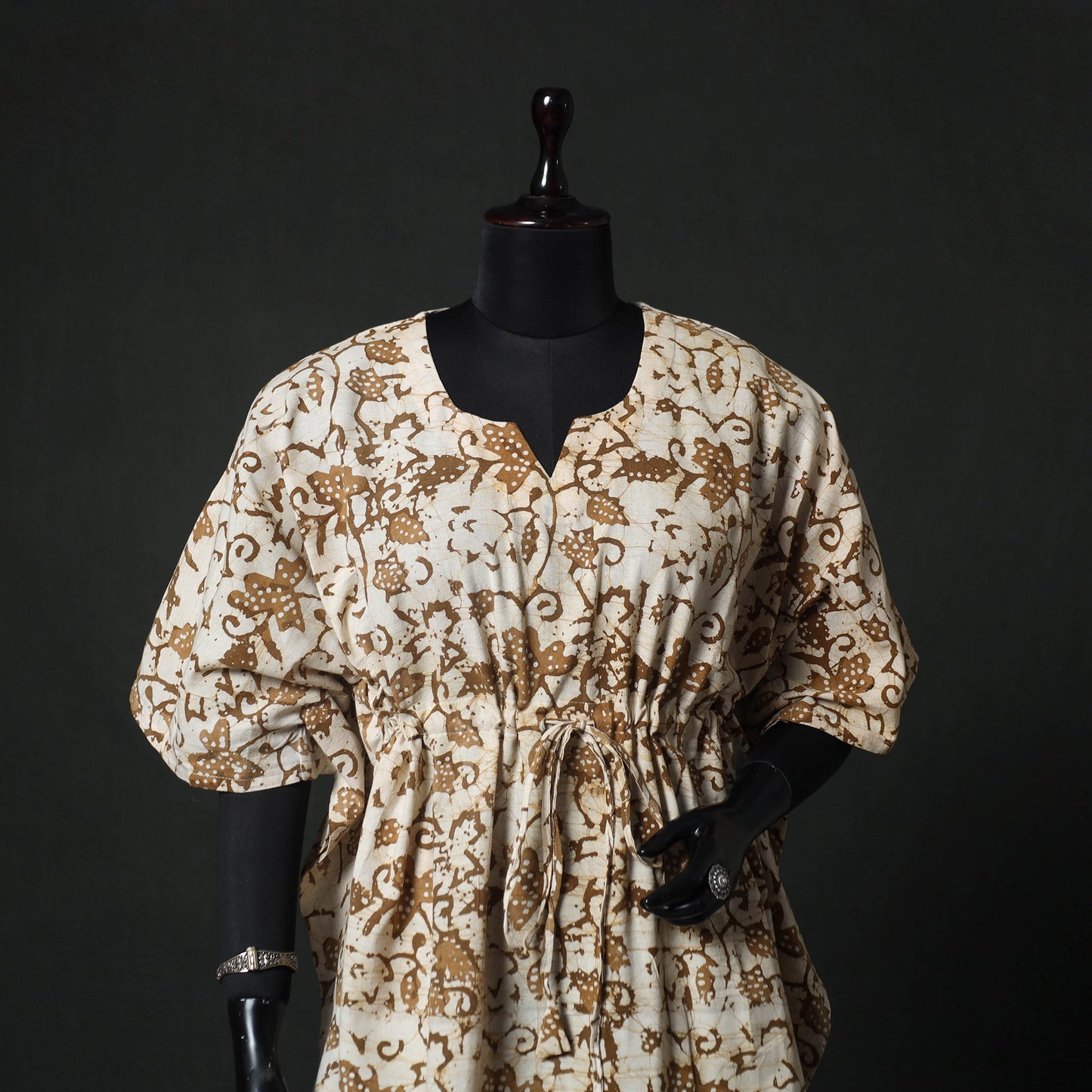 Beige - Hand Block Batik Print Cotton Kaftan (Short) 54