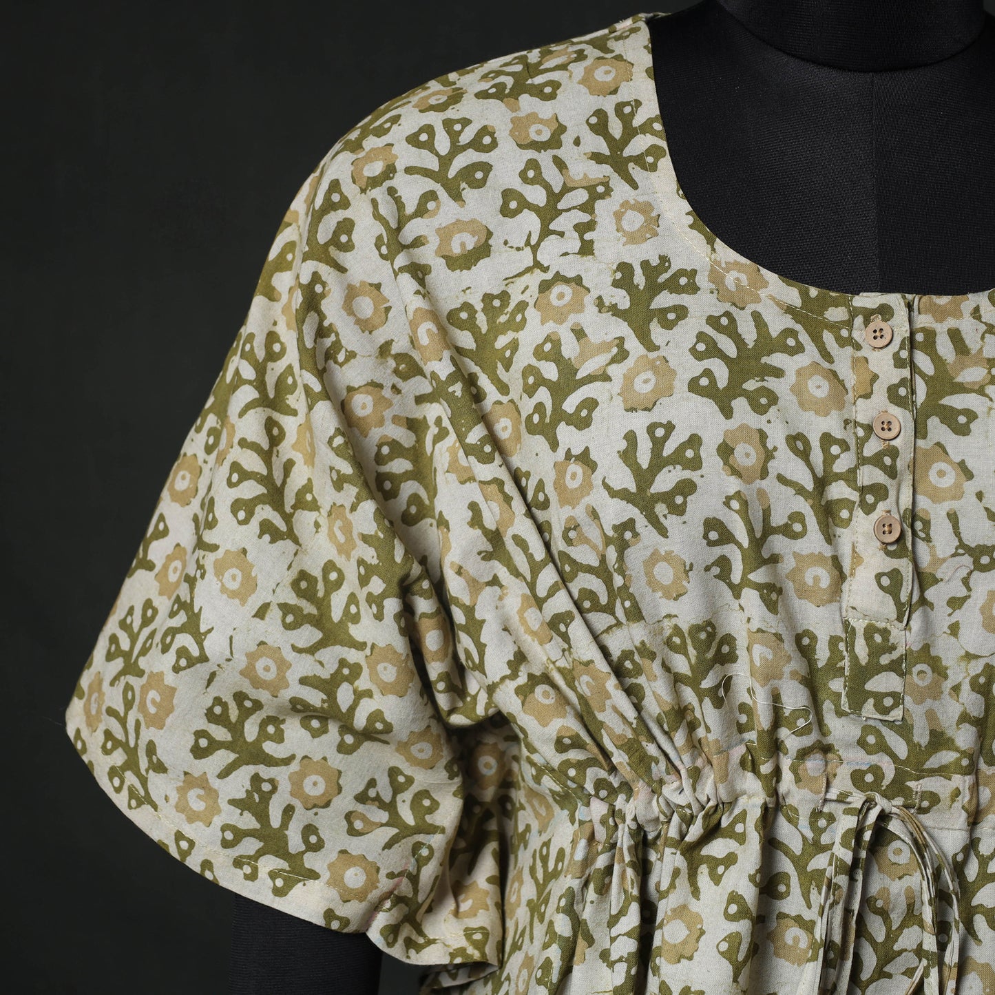 Green - Hand Block Batik Print Cotton Kaftan (Short) 58