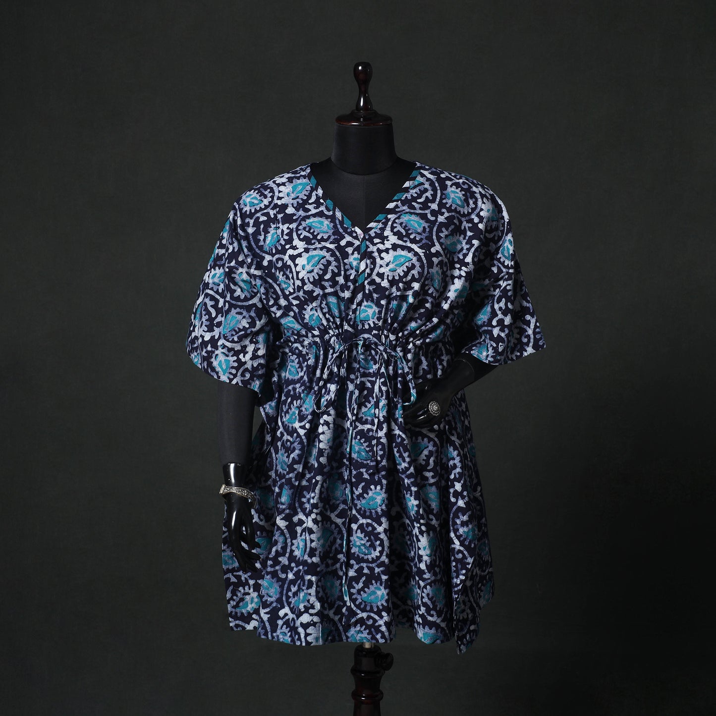 Blue - Hand Block Batik Print Cotton Kaftan (Medium) 65