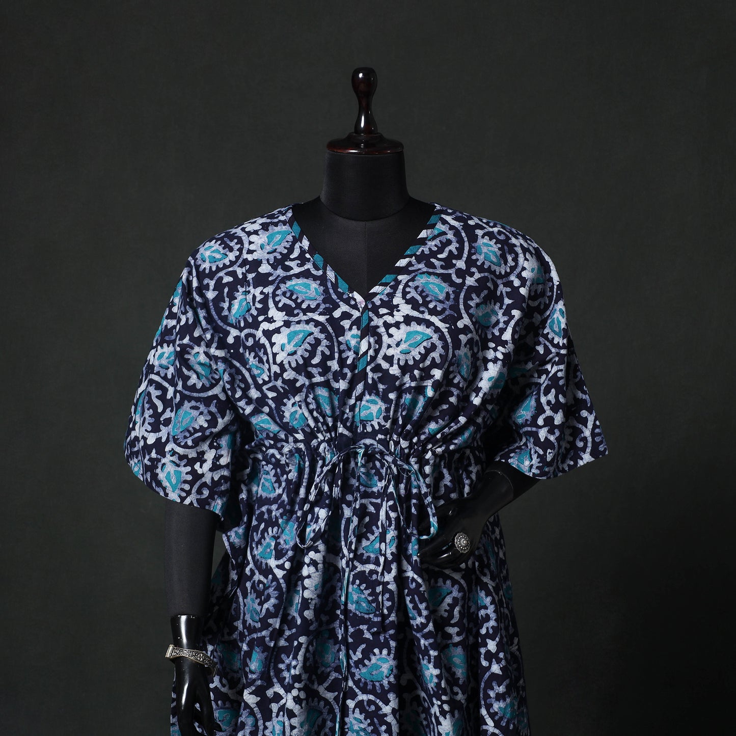 Blue - Hand Block Batik Print Cotton Kaftan (Medium) 65
