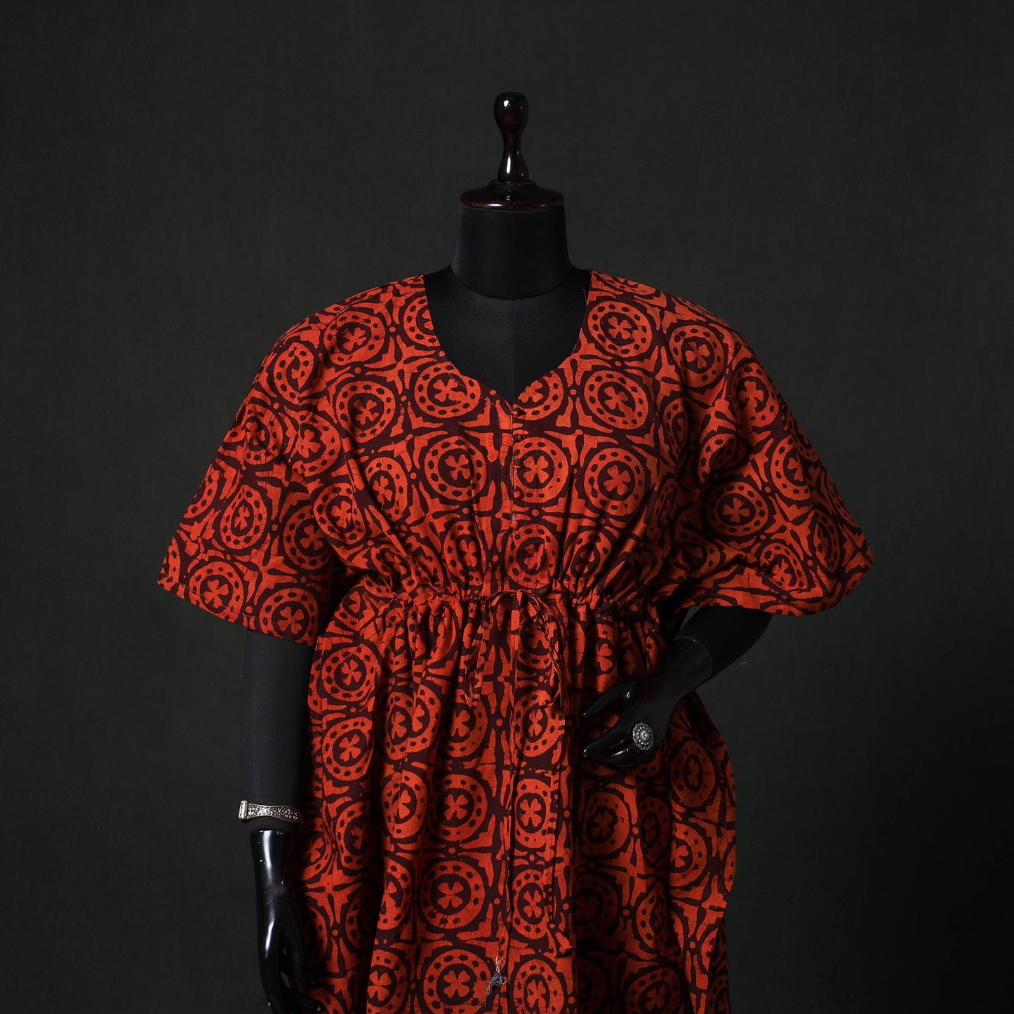Red - Hand Block Batik Print Cotton Kaftan (Medium) 67