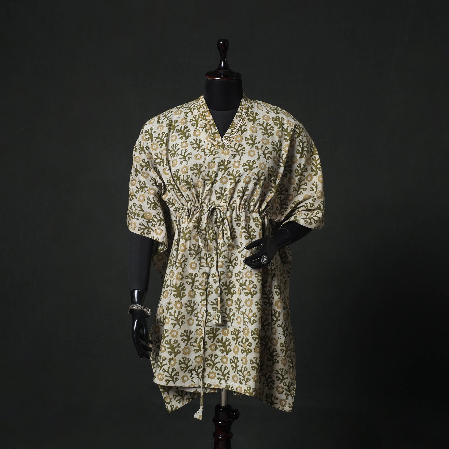 Green - Hand Block Batik Print Cotton Kaftan (Medium) 75