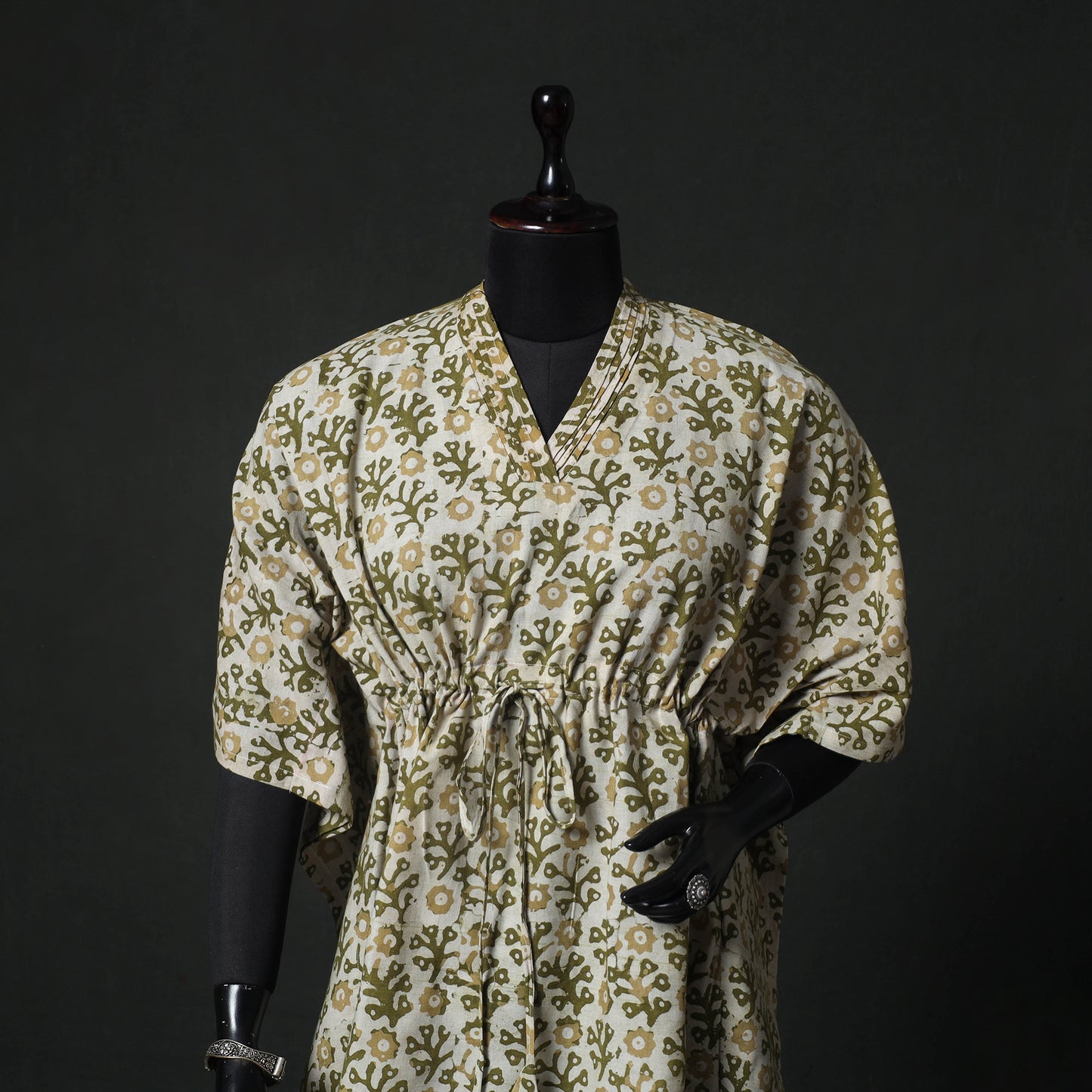 Green - Hand Block Batik Print Cotton Kaftan (Medium) 75