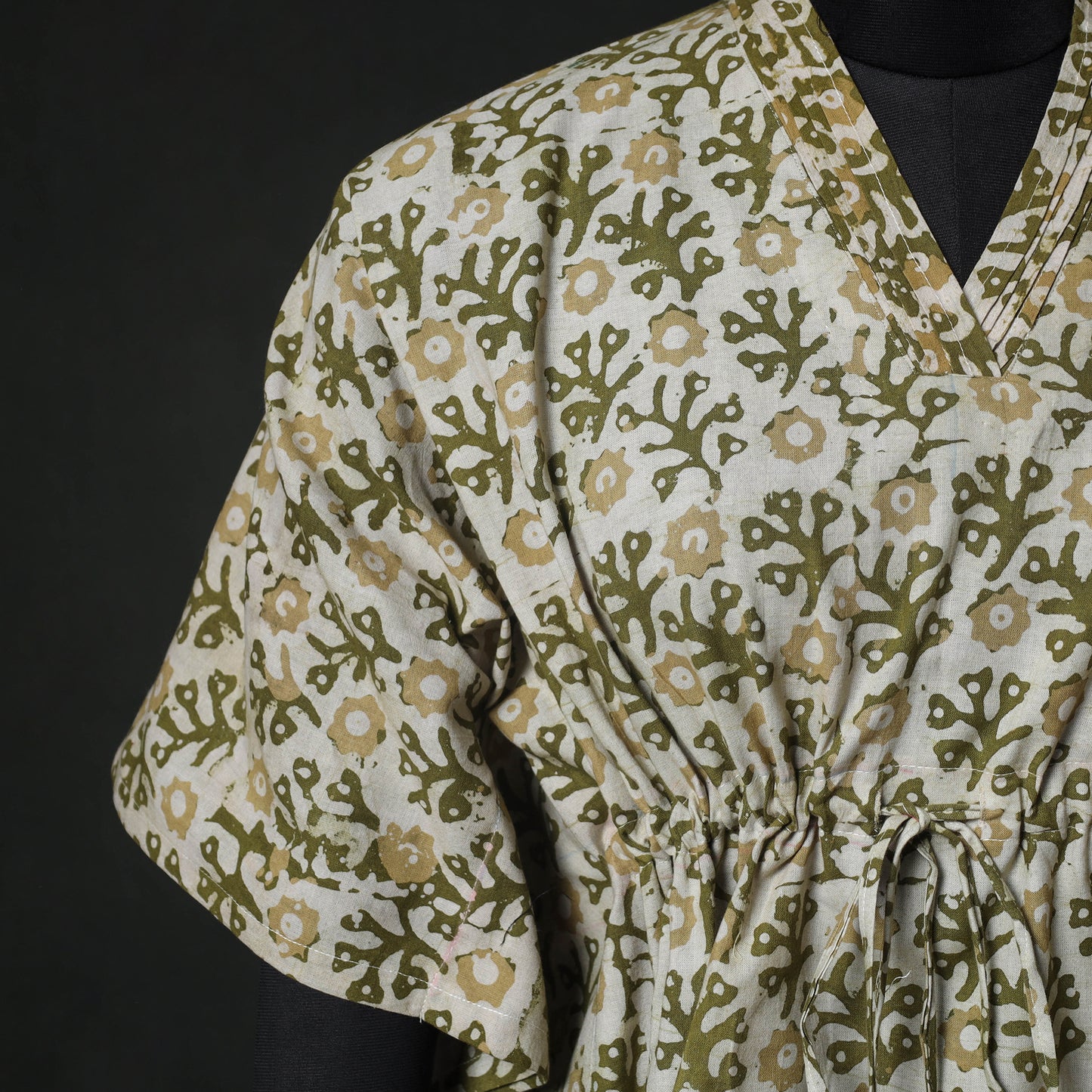 Green - Hand Block Batik Print Cotton Kaftan (Medium) 75