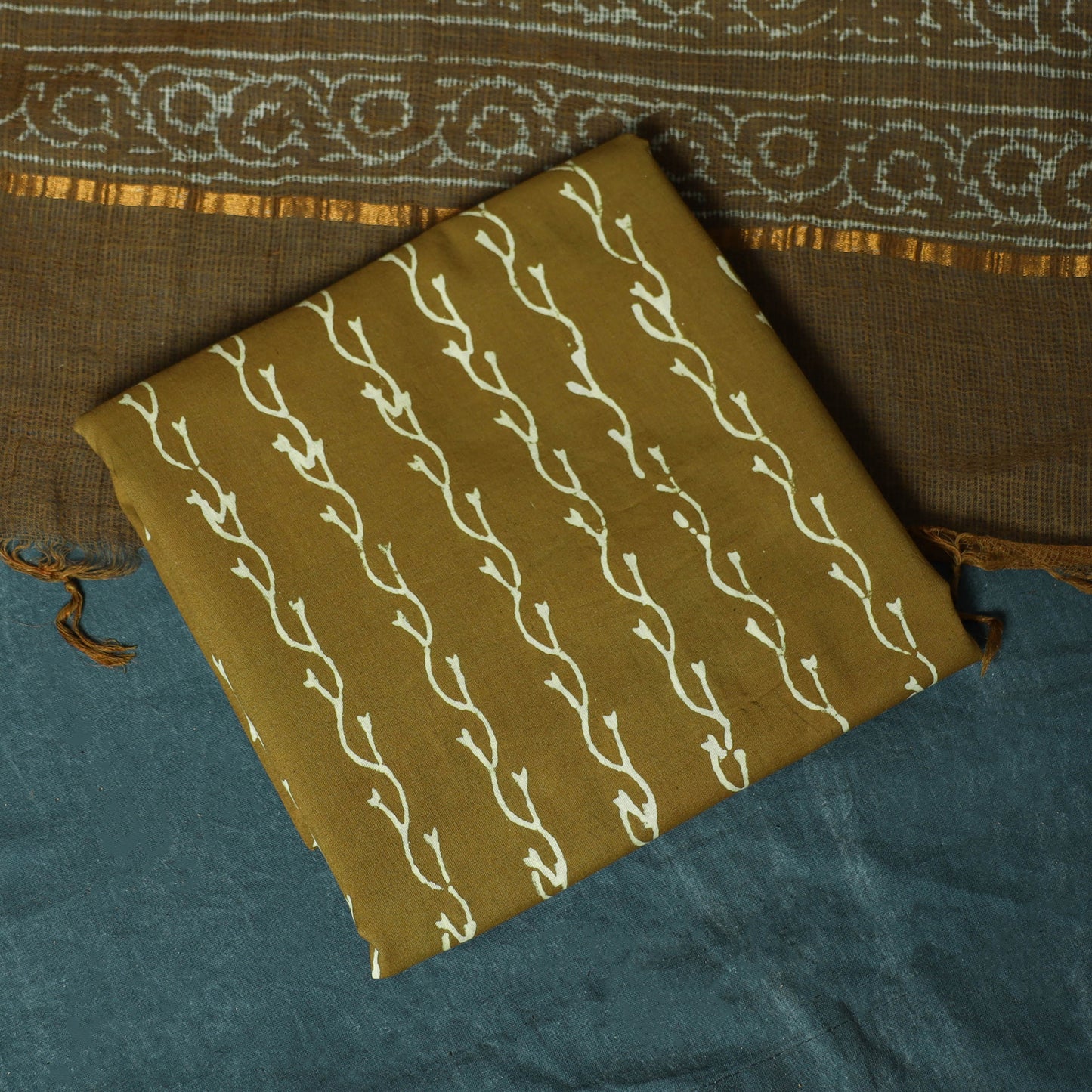 Green - Kota Doria Cotton Hand Block Jaipur Print 3pc Unstitched Dress Material 21