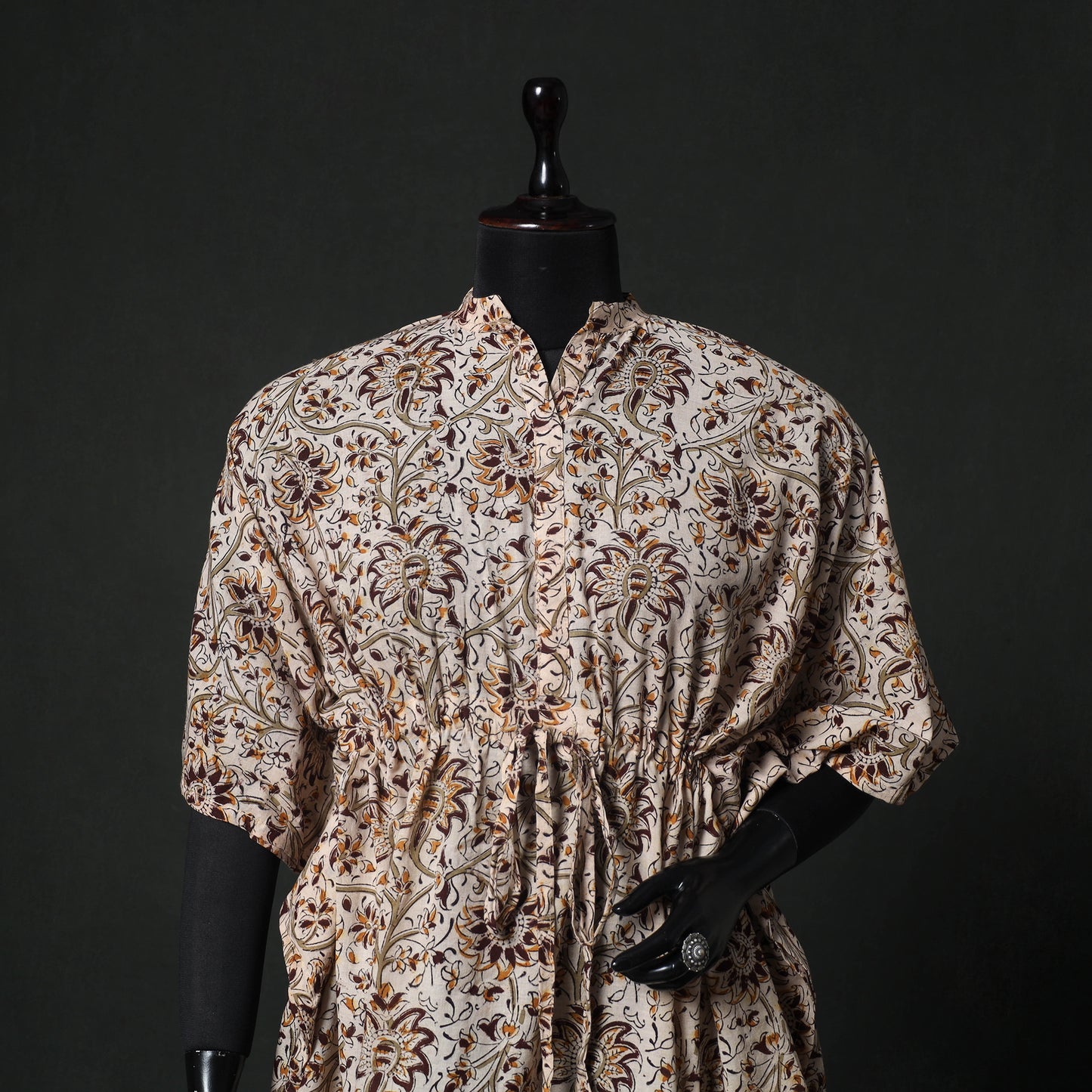 Beige - Kalamkari Hand Block Print Natural Dyed Cotton Kaftan (Short) 79