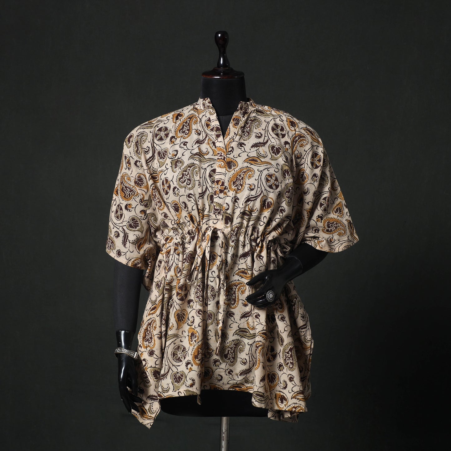 Brown - Kalamkari Hand Block Print Natural Dyed Cotton Kaftan (Short) 81