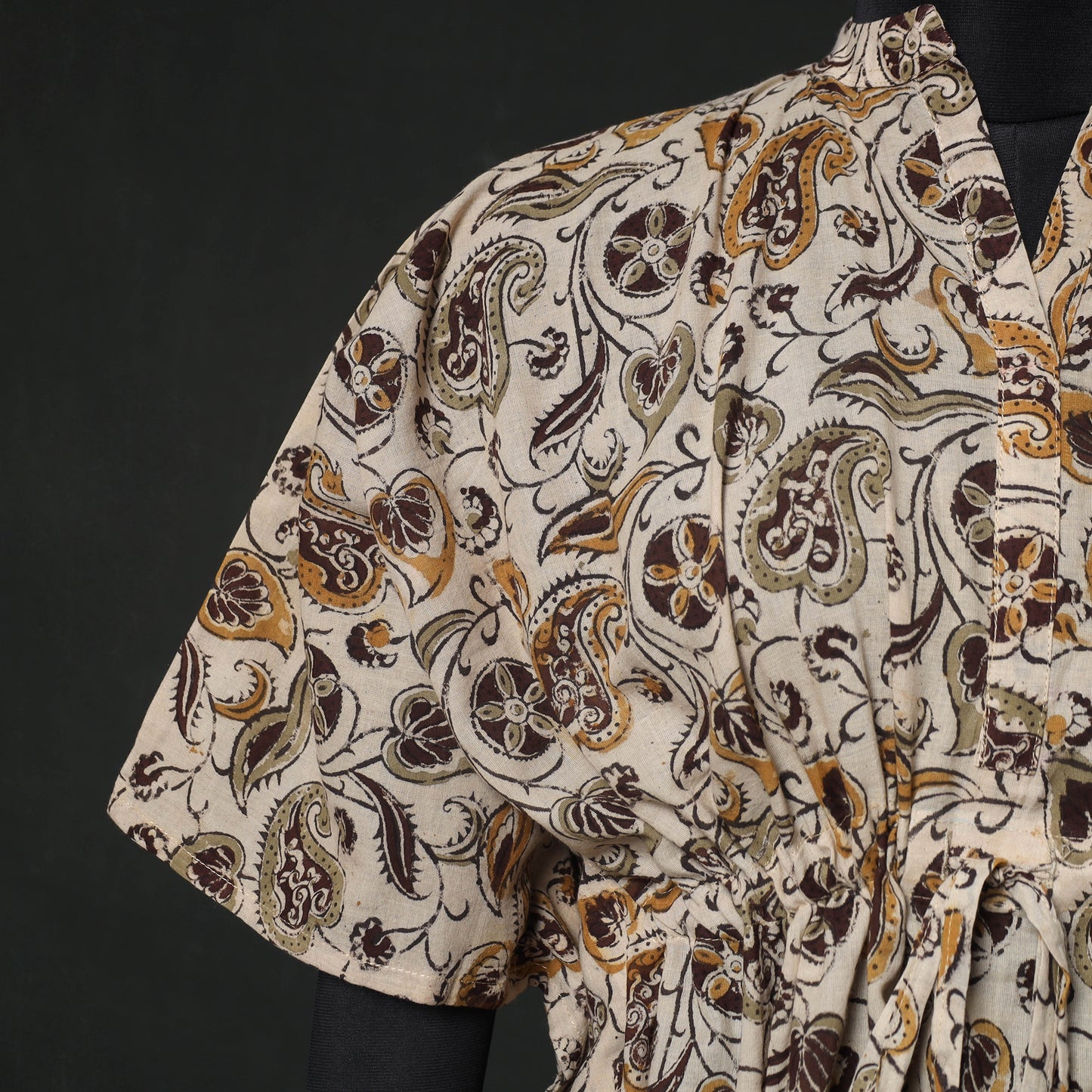 Brown - Kalamkari Hand Block Print Natural Dyed Cotton Kaftan (Short) 81