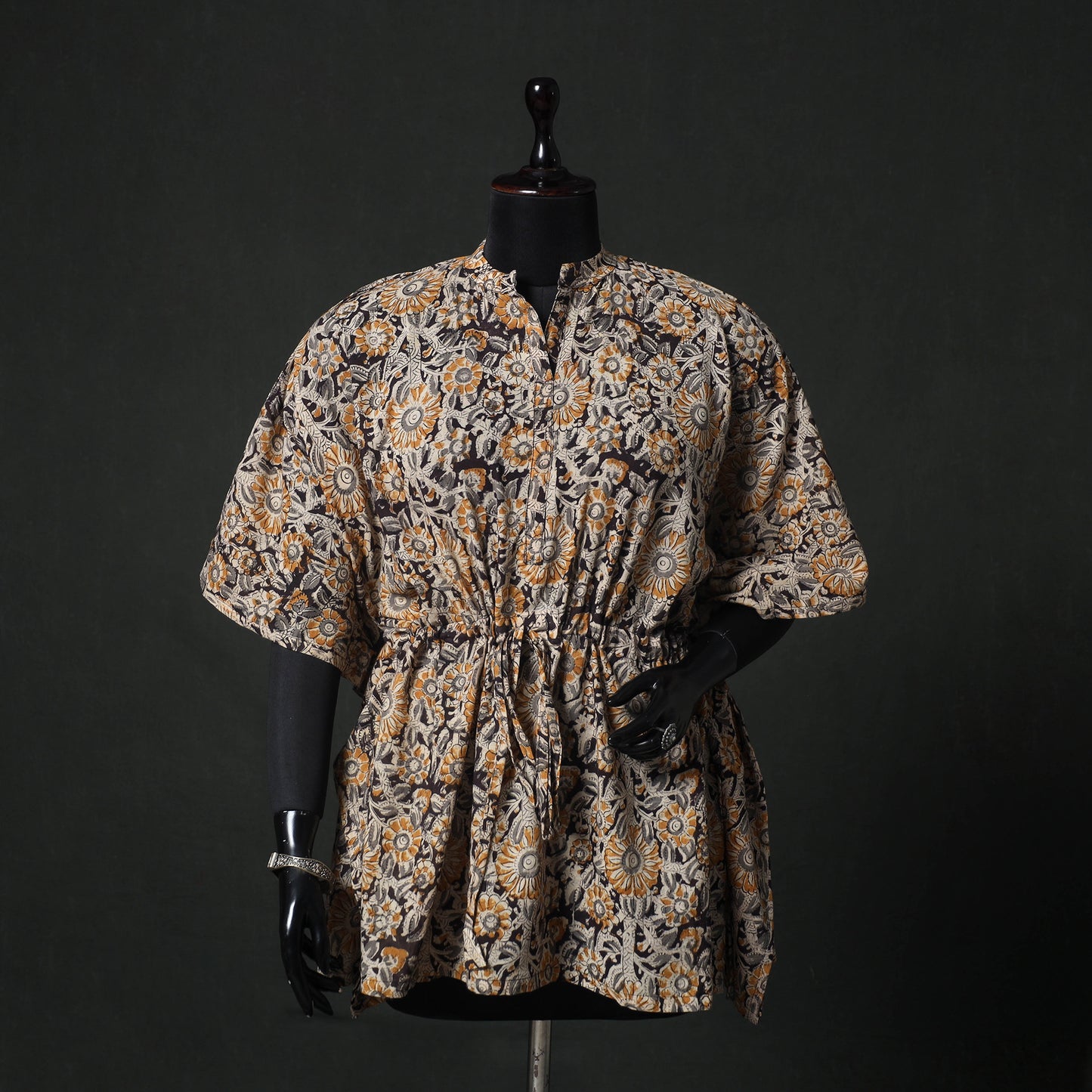 Yellow - Kalamkari Hand Block Print Natural Dyed Cotton Kaftan (Short) 84