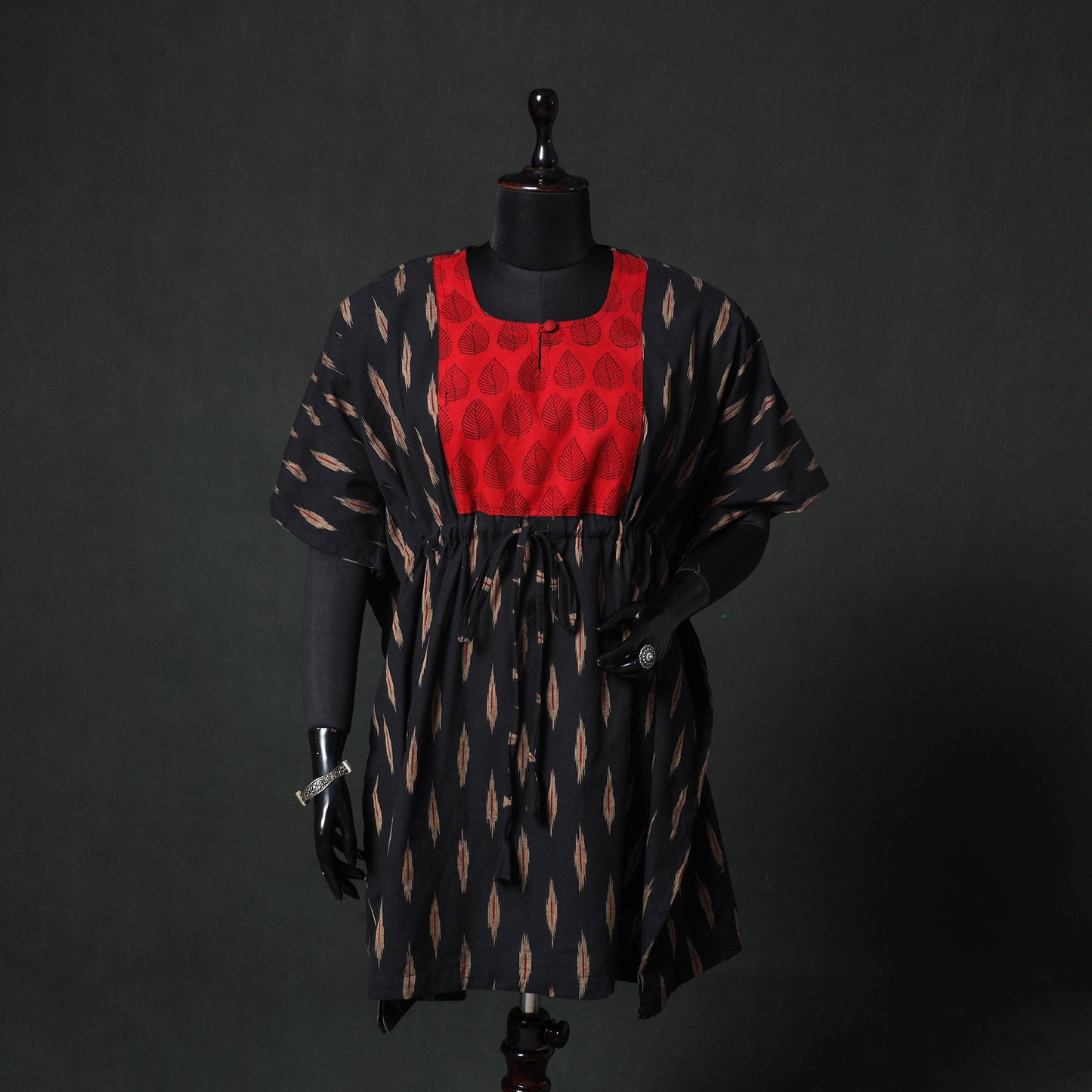 Black - Pochampally Ikat Weave Patchwork Cotton Kaftan (Short) 87
