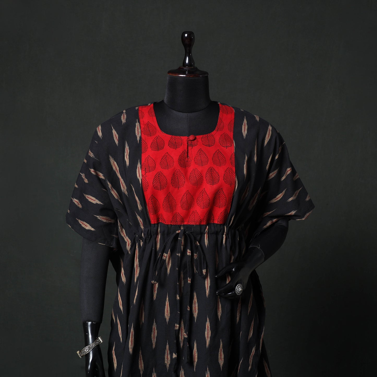 Black - Pochampally Ikat Weave Patchwork Cotton Kaftan (Short) 87