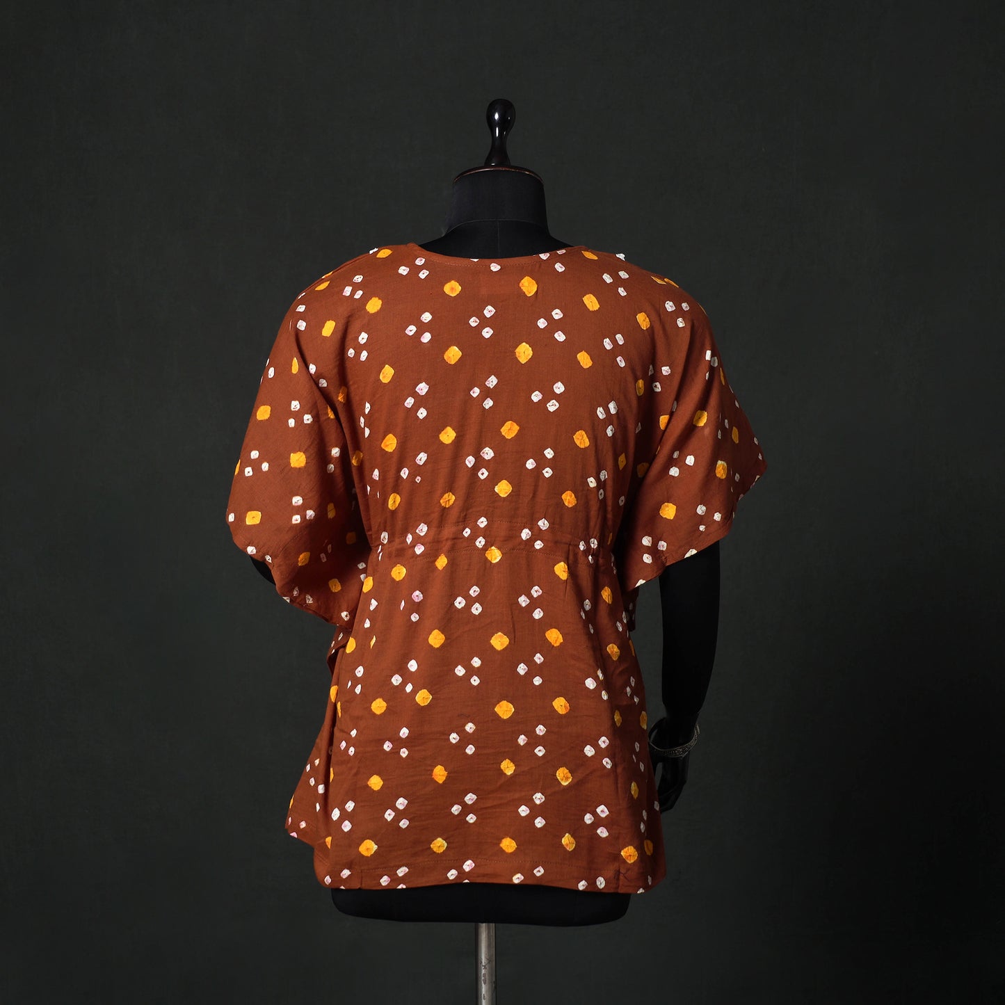 Brown - Bandhani Tie-Dye Lace Work Cotton Kaftan (Short) 89