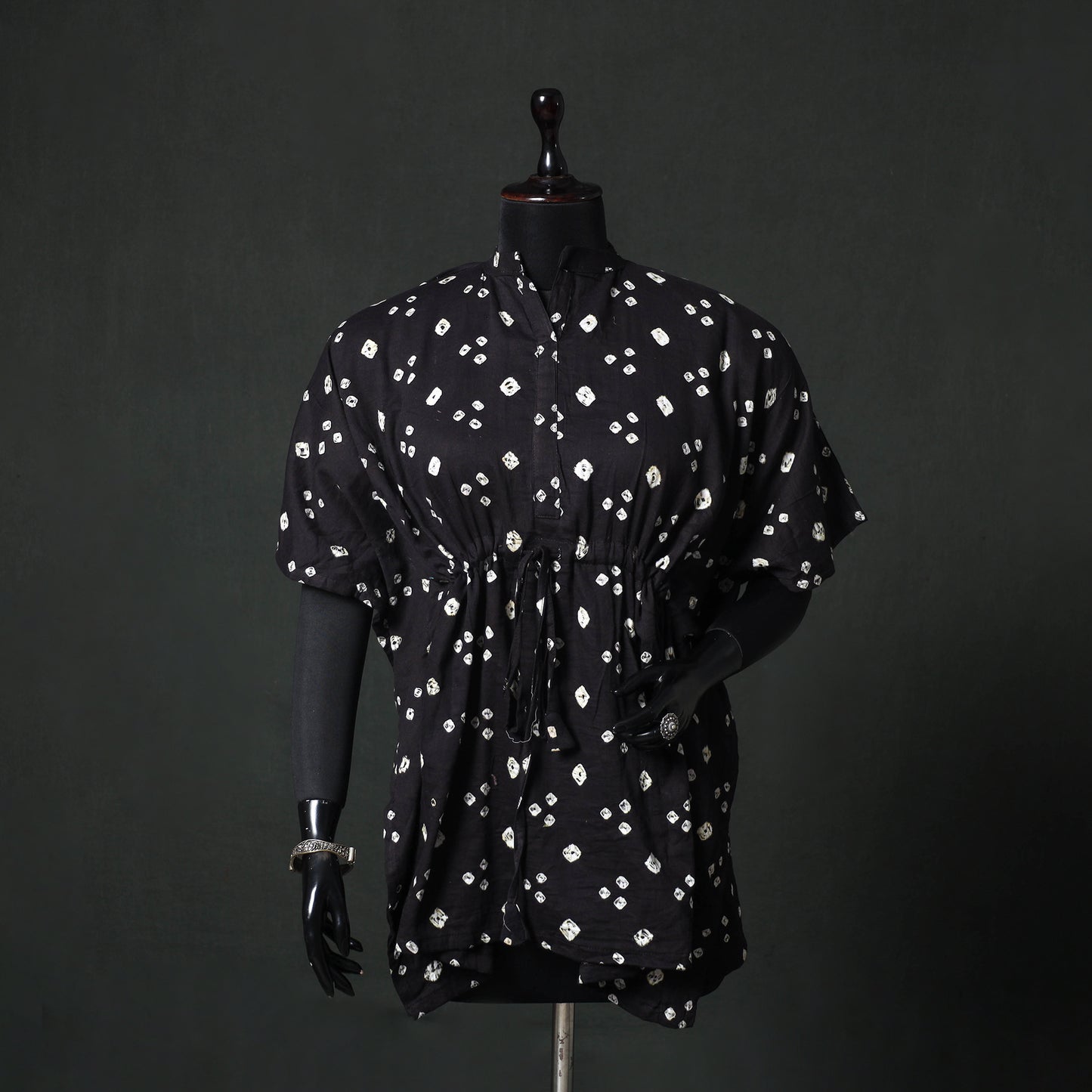 Black - Bandhani Tie-Dye Lace Work Cotton Kaftan (Short) 91
