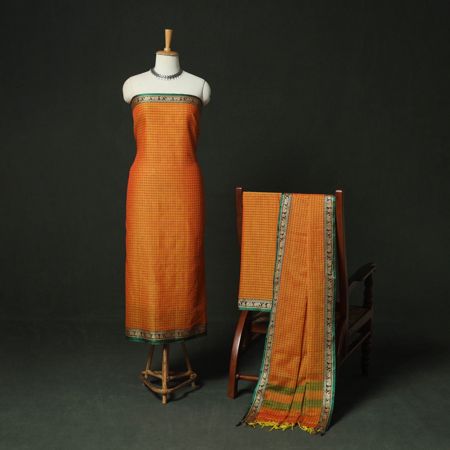 Orange - Dharwad Woven Mercerised Cotton 3pc Unstitched Dress Material Suit Set 33