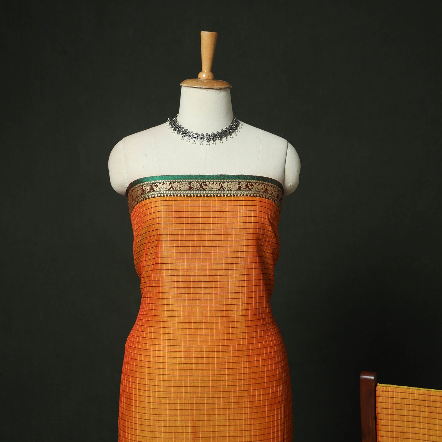 Orange - Dharwad Woven Mercerised Cotton 3pc Unstitched Dress Material Suit Set 33
