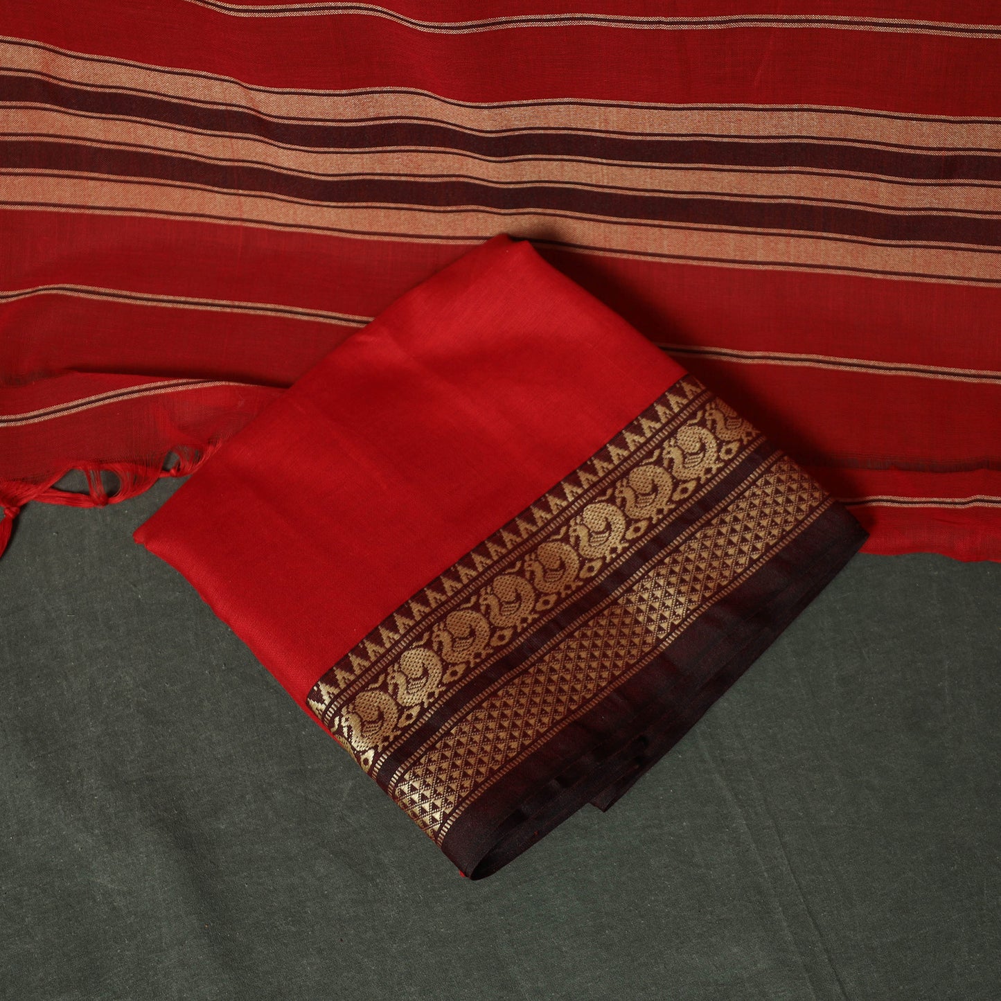 Red - Dharwad Woven Mercerised Cotton 3pc Unstitched Dress Material Suit Set 39