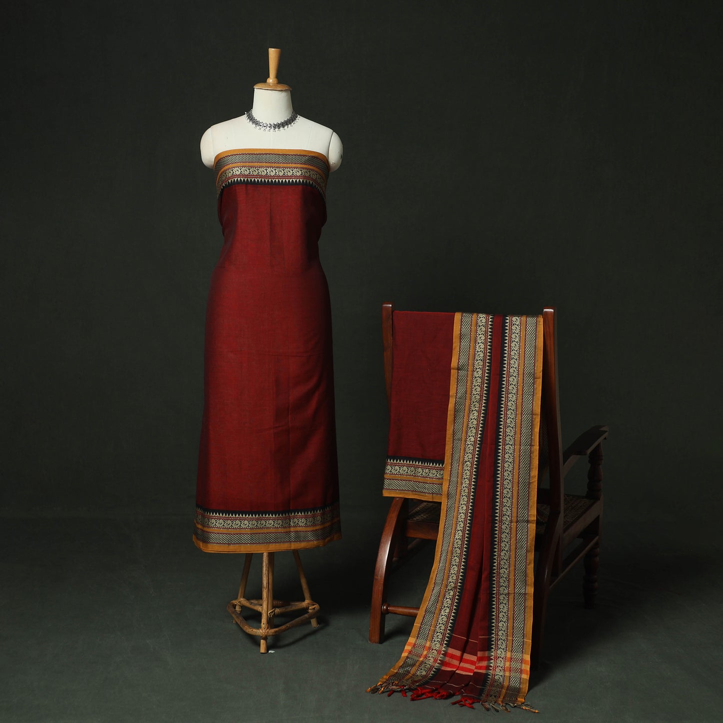 Red - Dharwad Woven Mercerised Cotton 3pc Unstitched Dress Material Suit Set 40