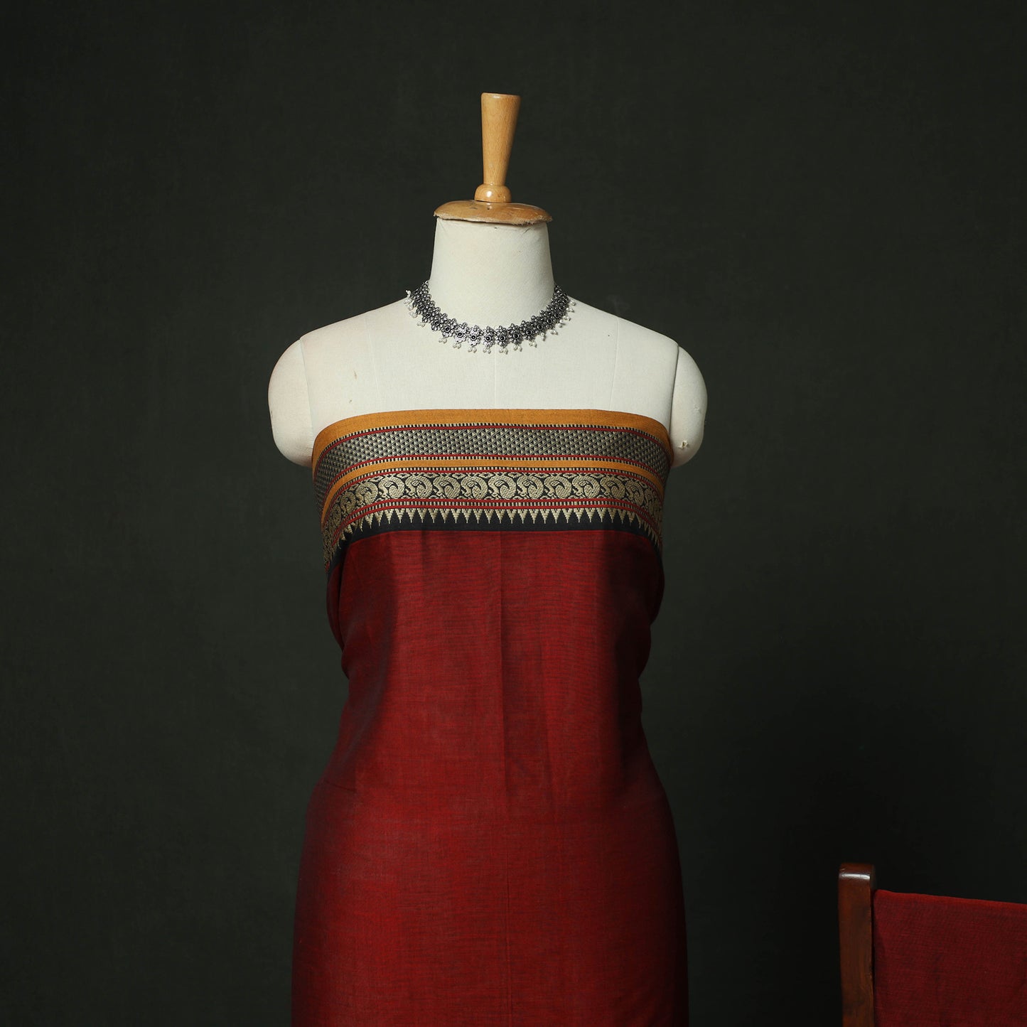 Red - Dharwad Woven Mercerised Cotton 3pc Unstitched Dress Material Suit Set 40