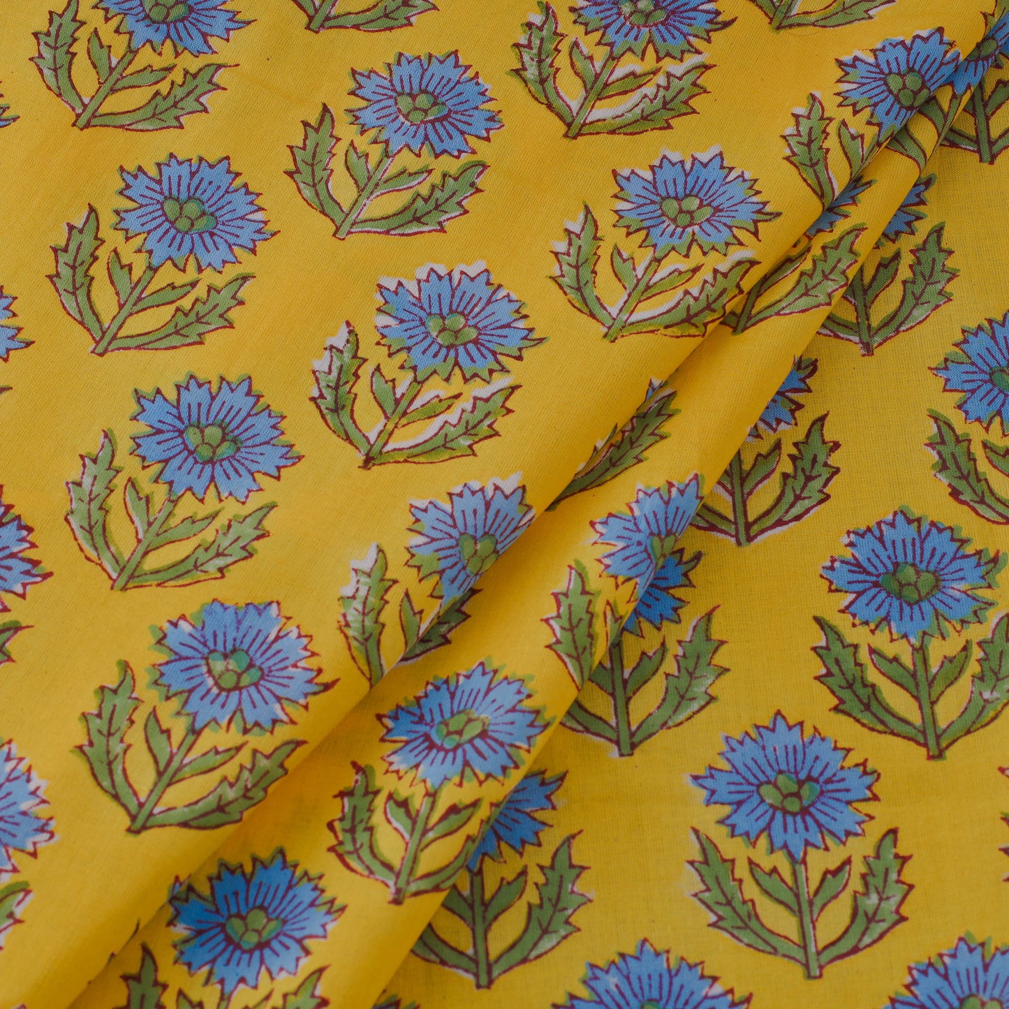 Yellow Block Print Cotton Sanganeri Fabric