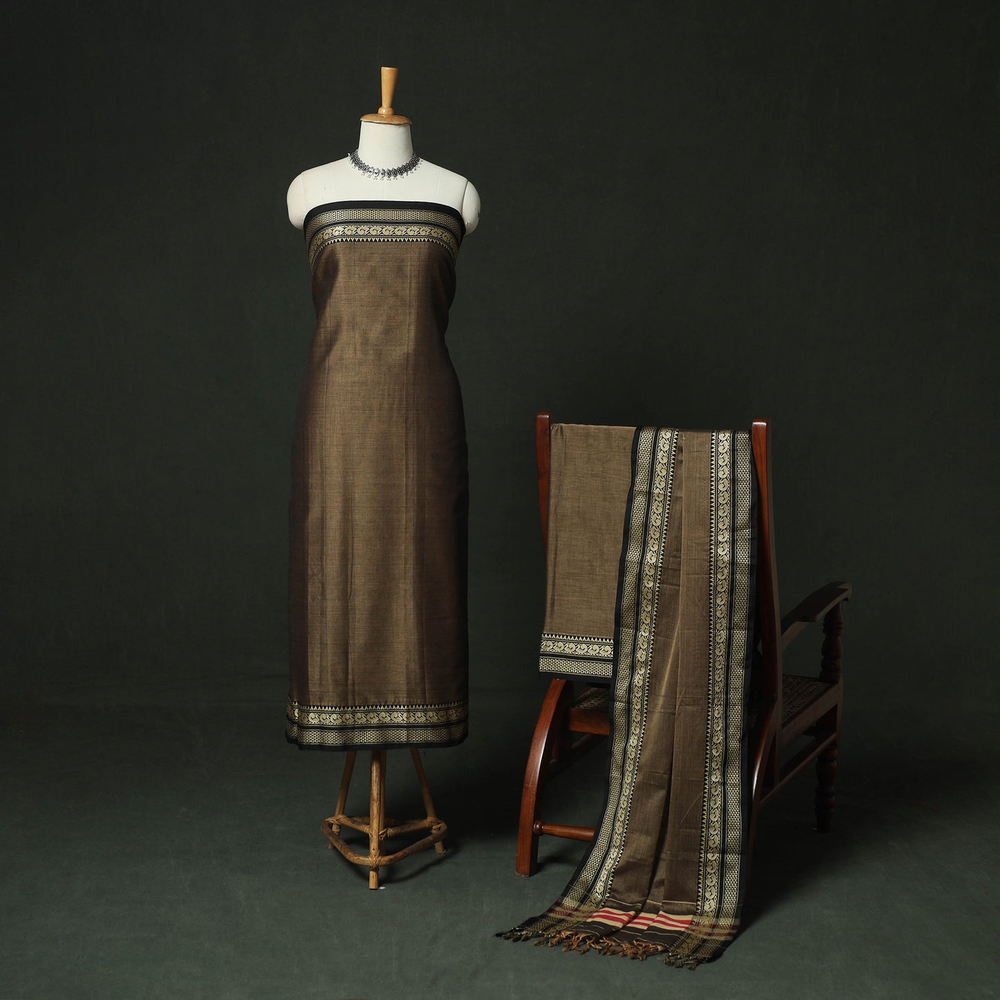 Brown - Dharwad Woven Mercerised Cotton 3pc Unstitched Dress Material Suit Set 44
