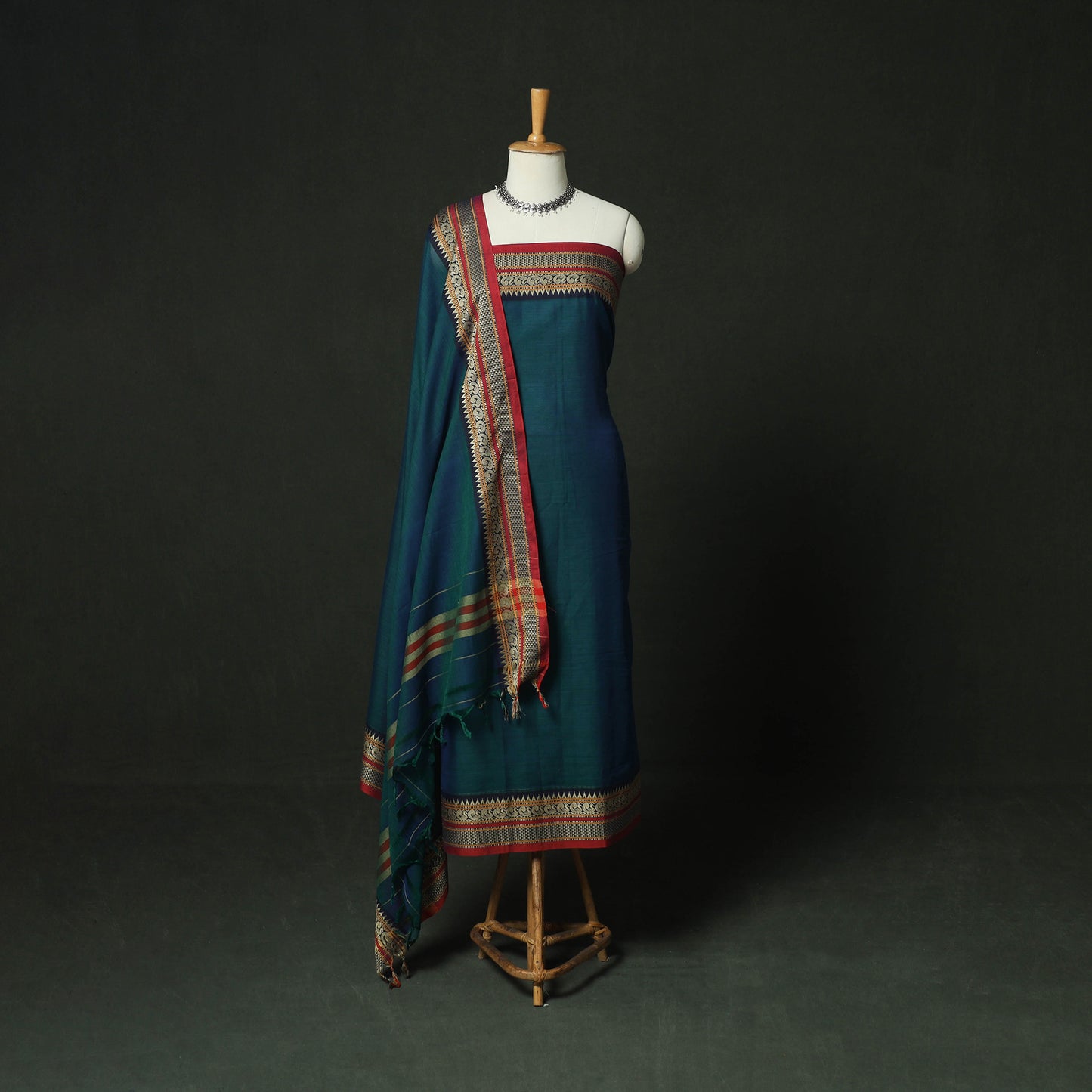 Blue - Dharwad Woven Mercerised Cotton 3pc Unstitched Dress Material Suit Set 48
