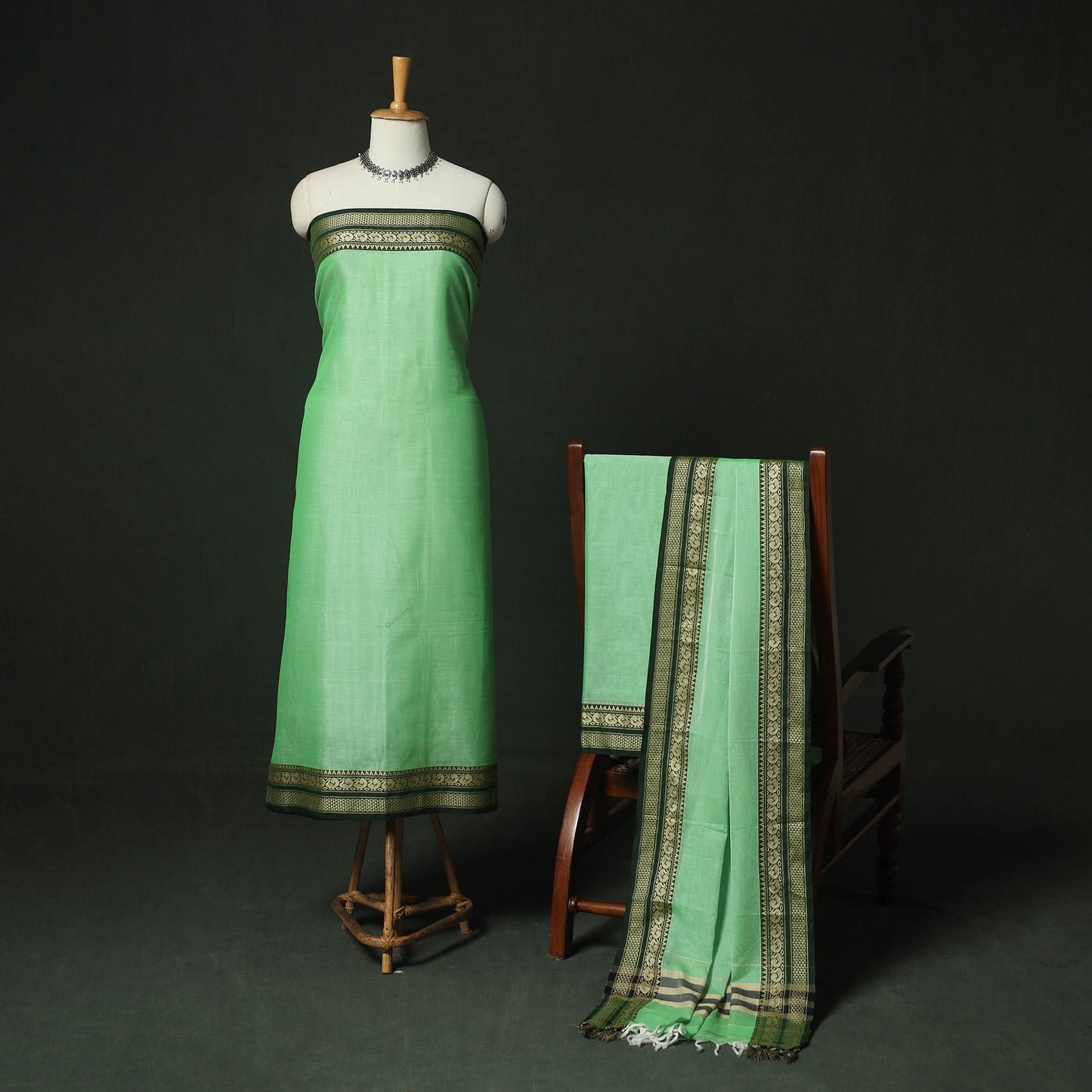 Green - Dharwad Woven Mercerised Cotton 3pc Unstitched Dress Material Suit Set 52
