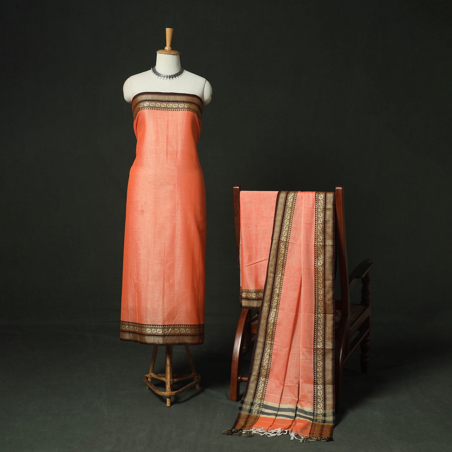 Orange - Dharwad Woven Mercerised Cotton 3pc Unstitched Dress Material Suit Set 54