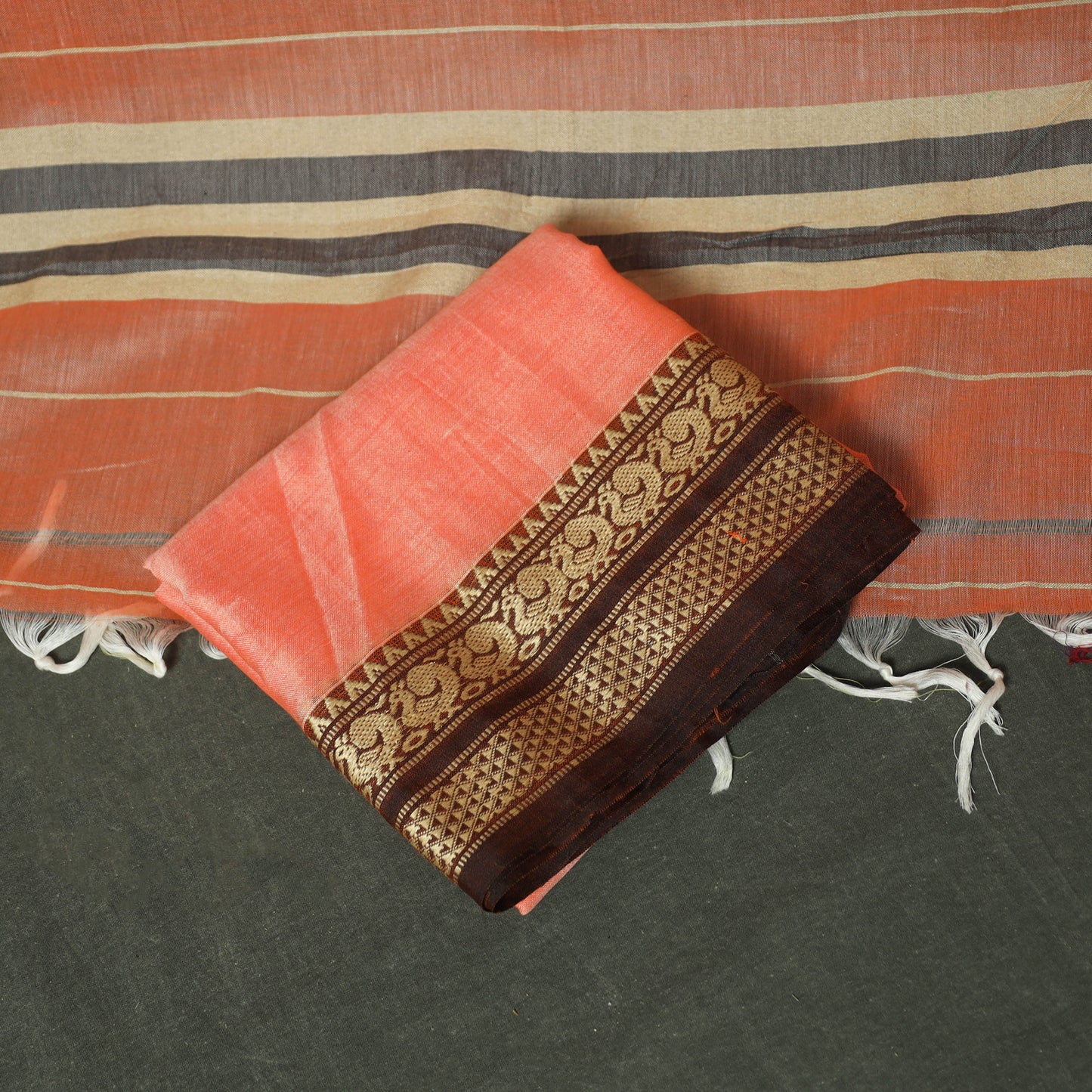 Orange - Dharwad Woven Mercerised Cotton 3pc Unstitched Dress Material Suit Set 54