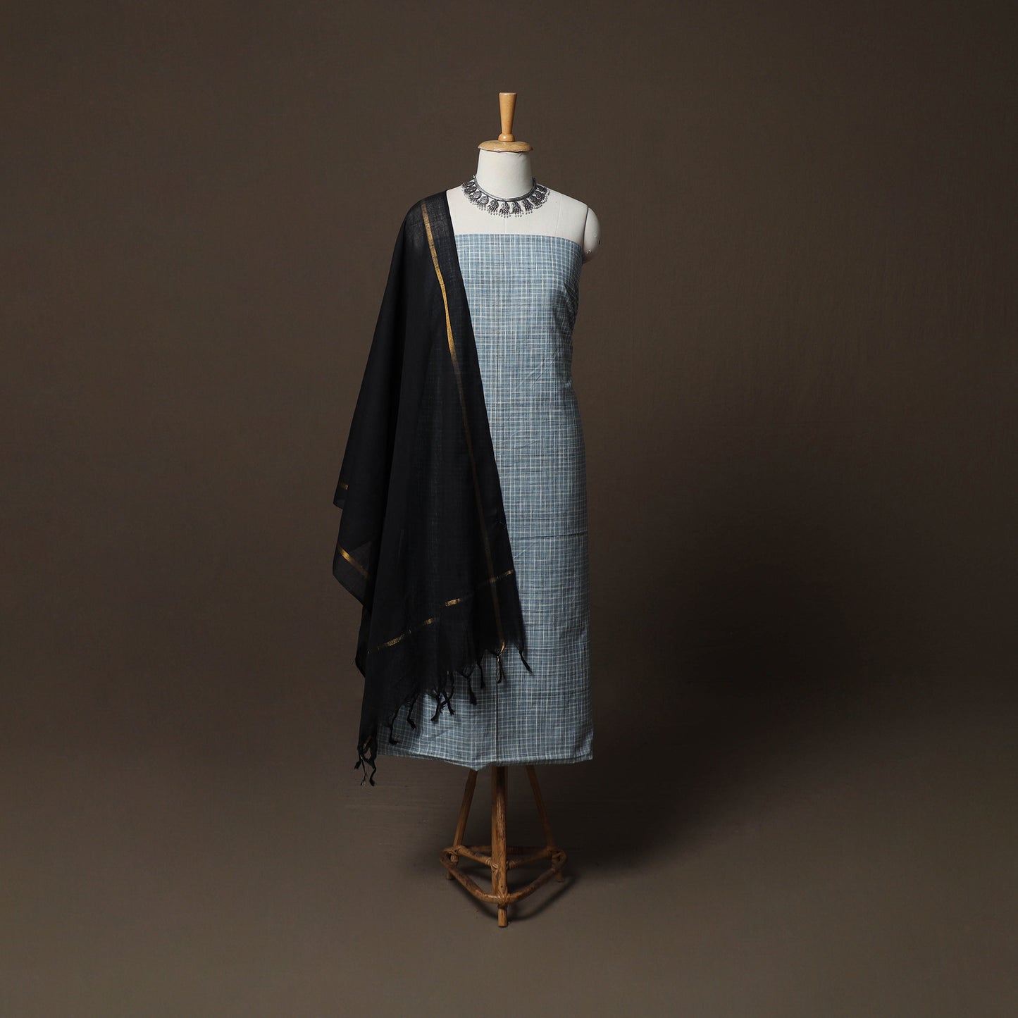 Blue - Jacquard Woven Pure Cotton 3pc Unstitched Dress Material Suit Set 110