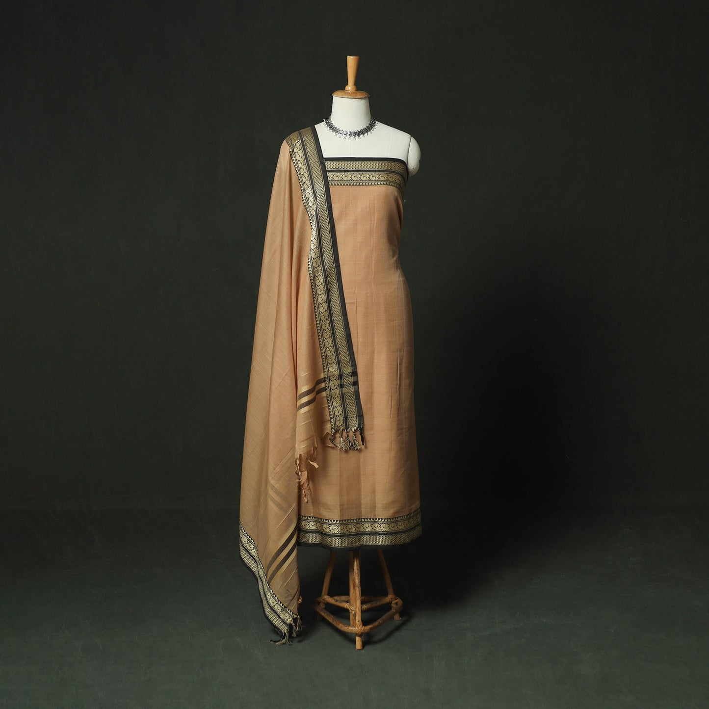 Beige - Dharwad Woven Mercerised Cotton 3pc Unstitched Dress Material Suit Set 59
