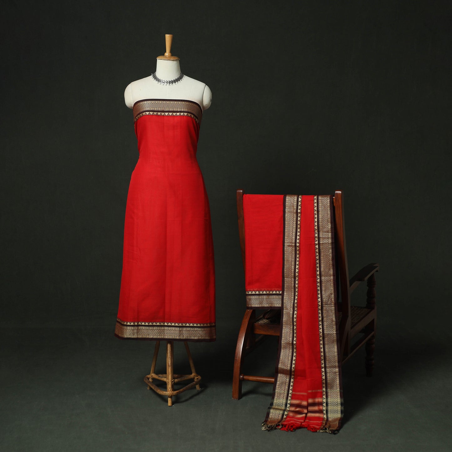 Red - Dharwad Woven Mercerised Cotton 3pc Unstitched Dress Material Suit Set 61